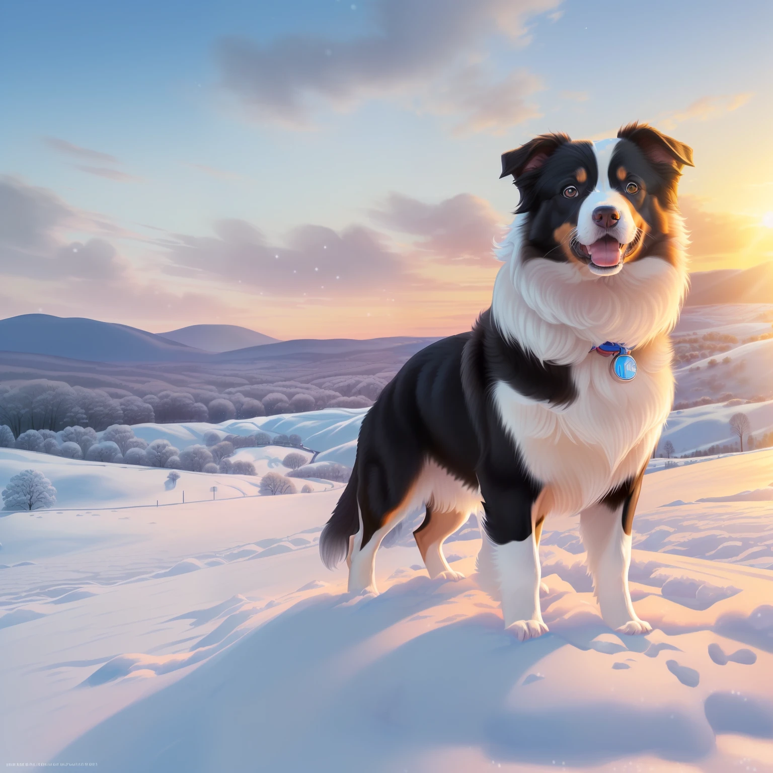 (A hyper-realistic)、(illustratio)、(hight resolution)、(8k picture)、(ighly detailed、（pup）、（Border collie）、（1animal）、Drive through the snowy fields、Dawn background、Soft lighting from the top right、roundly eyes、blue-sky、reallistic、Fluffy fur、(sprint)