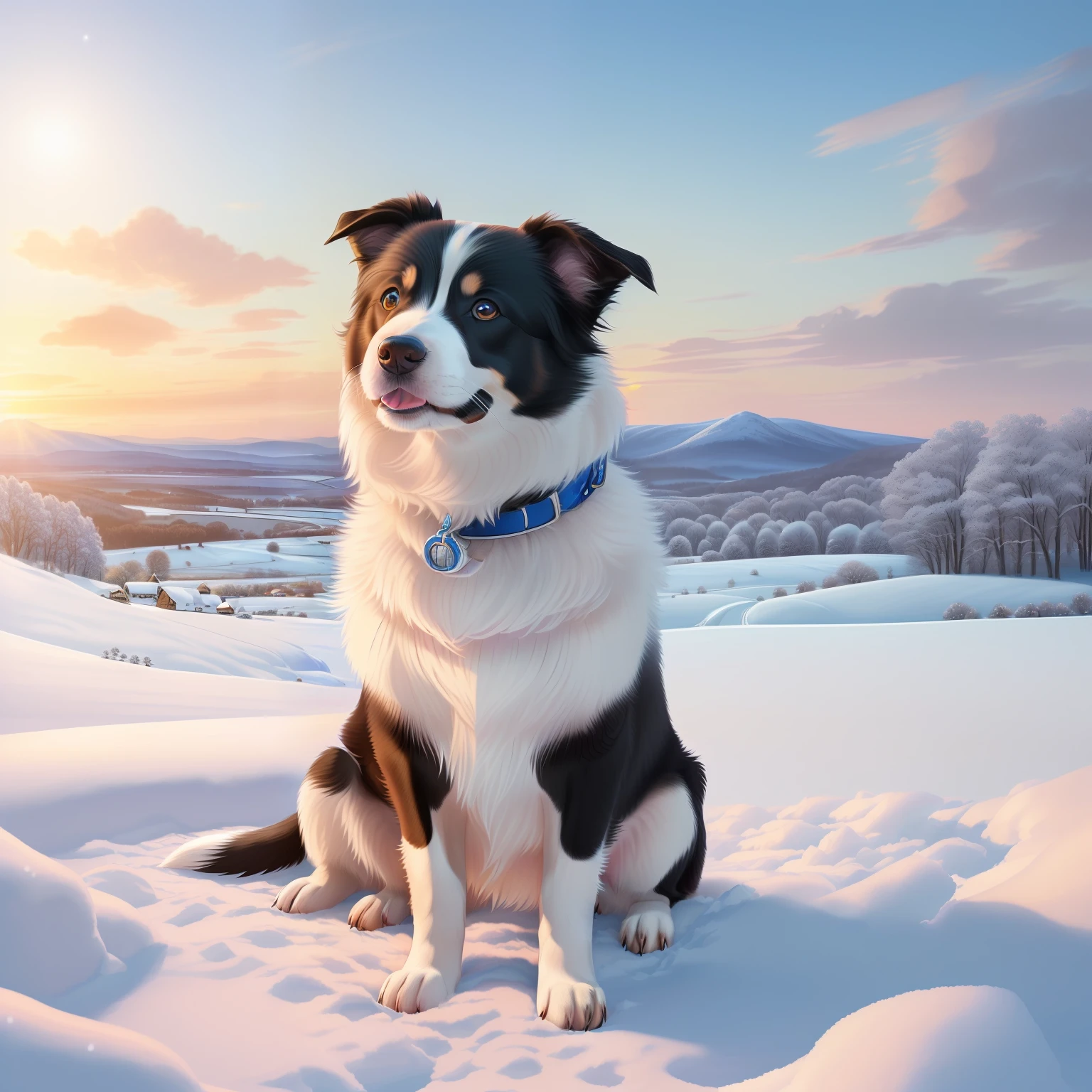 (A hyper-realistic)、(illustratio)、(hight resolution)、(8k picture)、(ighly detailed、（pup）、（Border collie）、（1animal）、Drive through the snowy fields、Dawn background、Soft lighting from the top right、roundly eyes、blue-sky、reallistic、Fluffy fur、(sprint)