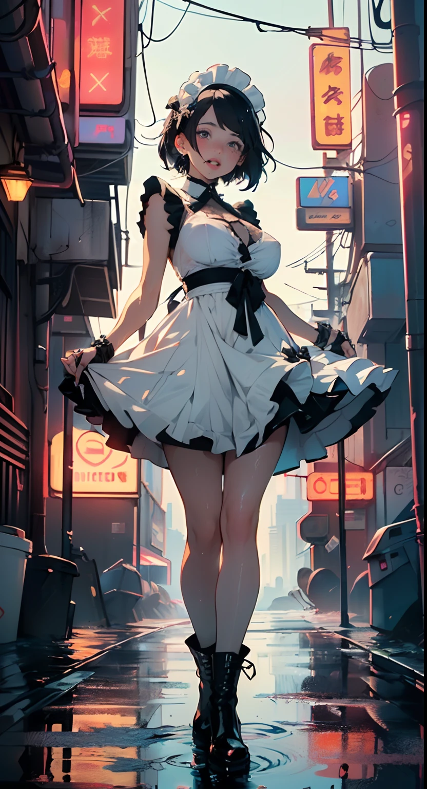 maid girl,(((1girl))),((maid girl with extremely cute and beautiful black hair)),
(large breasts:1.4),bountiful breasts,fluffy breasts,H cup bust,bust up,bulging bust top,(((black bob hair:1.35,colored inner hair,short hair,ear breathing))),((heterochromia:1.5,eye1 blue,eye2 purple,perfect eyes,upturned eyes:1.3,beautiful detailed eyes,finely detailed beautiful eyes:1,big highlight on eyes:1.2,slanted eyes)),((fat)),(((lustrous skin:1.5,bright skin: 1.5,skin tanned,shiny skin,very shiny skin,shiny body,plastic glitter skin,exaggerated shiny skin,illuminated skin,wet legs))),(spider lower abdomen,narrow waist,wide hip,athletic body,inflated legs,delicate detailed fingers,detailed body,human hands,(detailed face)),
cute,slutty,seductive,erotic,(((nsfw))),
zettai ryouiki,(maid headdress),maid uniform,Headdress,(maid),sleeveless,mini skirt,boots,cleavage cutout,bare legs,clothes with a lot of lace frills,(((wet clothes,detailed outfit,detailed clothes)),
(dynamic pose:1.0),solo focus,embarrassed,blush,sweat,((tears,open mouth)),moist eyes,(centered,scale to fit dimensions,Rule of thirds),
((((cyberpunk city by the ocean,huge buildings,neon signs,puddles)))),stormy sky,threatening sky,dark clouds,((synthwave background theme,detailed background : 1.25)),((((night,nice lighting decorations,detailed architecture)))),
(best quality,high resolution,sharp focus,ultra detailed,extremely detailed,extremely high quality artwork,(realistic,photorealistic:1.37),8k_wallpaper,(extremely detailed CG 8k),(very fine 8K CG),((hyper super ultra detailed perfect piece)),flawless,(((masterpiece))),illustration,vibrant colors,(intricate),High contrast,Selective lighting,Double exposure,HDR (High Dynamic Range),Post-processing,Background blur,