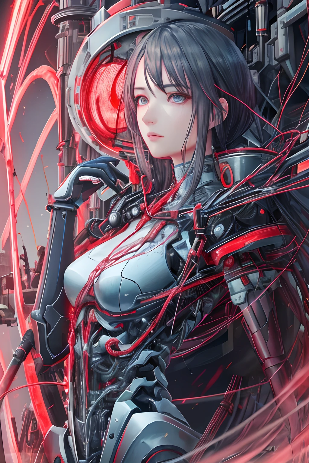 1机械女孩,hyper realistic detailed,sportrait,globalillumination,shadowing,rendering by octane,8k,Super sharp,metals,复杂,Decorations detailed,cool colours,egypician detail,highly intricate detail,realistic raytraicing,CGSociety trends,glowing light eyes,facing at the camera,neon light detail,Mechanical limbs,blood vessels attached to the tube,A mechanical vertebrae attached to the back,Mechanical cervical connection of the neck,sitted,wires and cables connecting to head。