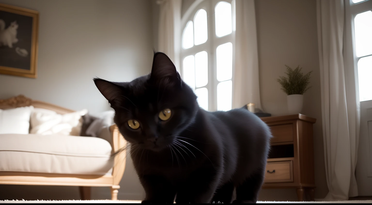 In the dimness of a room, illuminated solely by the gentle moonlight seeping through the slightly ajar window, an enchanting scene unfolds. A black cat, its fur as deep as the night itself, dances like a shadow in graceful motions. Its elegant paws move with dexterity as it chases a small red ball of yarn. Eyes gleaming with a mischievous glint, it leaps and twirls, turning the floor into its personal stage. Every detail is noticeable, from the fine strands of fur that bristle as it revels in play, to the cushions of the well-worn sofa marked by countless frolics. The cat's expression of pure joy as it loses itself in the moment stands as a testament to the magical instant that has been captured.