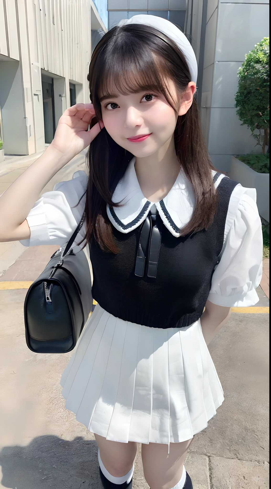mix4, (8K, Raw photography, Top image quality, masterpiece: 1.45), (realisitic, Photorealsitic: 1.37), one girls, cute little, A city scape,, profetional lighting, photon maping, Radio City, physically-based renderingt, Gradient black hair,, a handsome, girl with, (((student clothes、Silk white blouse with short sleeves、Dark blue knitted vest、White Satin Mini Skirt、No red tie pattern、Black High Socks、Black Loafers Leather Shoes))), Top Quality Photos, hight resolution, 1080p, (clearface), (Detailed face description), (Detailed hand description), (masterpiece), (Exquisite CG)、extreme light and shadows、dishevled hair、master work、abundant detail、(Fine facial features)、(top quality photo)、(masuter piece)、(A detailed eye)、Look in front of you、Fine clavicle、((Slender big))、((White beret)))、((Cute idol system))、((School Grounds))、(Shooting from random perspectives)、(((Anyway cute)))、耳Nipple Ring、A big smile、Drawing the whole body from the knees、Do not draw nasolabial folds、(((Holding a leather student bag in your hand)))、Big breasts that stand out from the top of clothes、Two legs、(((Standing Pose)))、bare hand、Hands out of the sleeves of blouses、