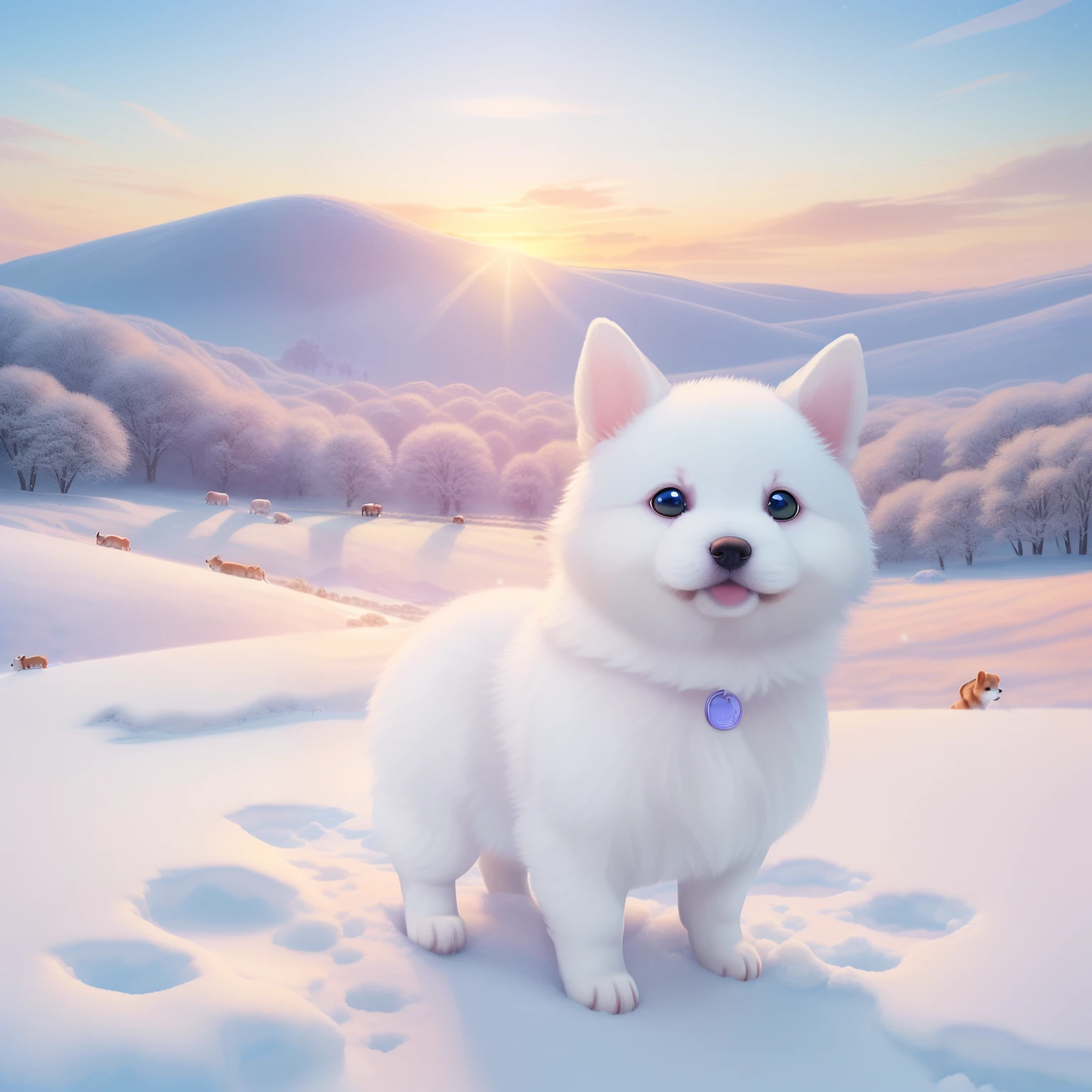 (A hyper-realistic)、(illustratio)、(hight resolution)、(8k picture)、(ighly detailed、（pup）、（Bean chai）、（1animal）、Drive through the snowy fields、Dawn background、Soft lighting from the top right、roundly eyes、blue-sky、reallistic、Fluffy fur、(sprint)