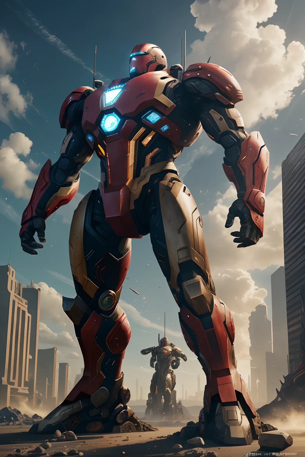 Very giant Android as Marvel's war machine, em vista de corpo inteiro nas cores vermelho e prata, em uma cidade futurista, Hyperealista, 8k, design complexo e real