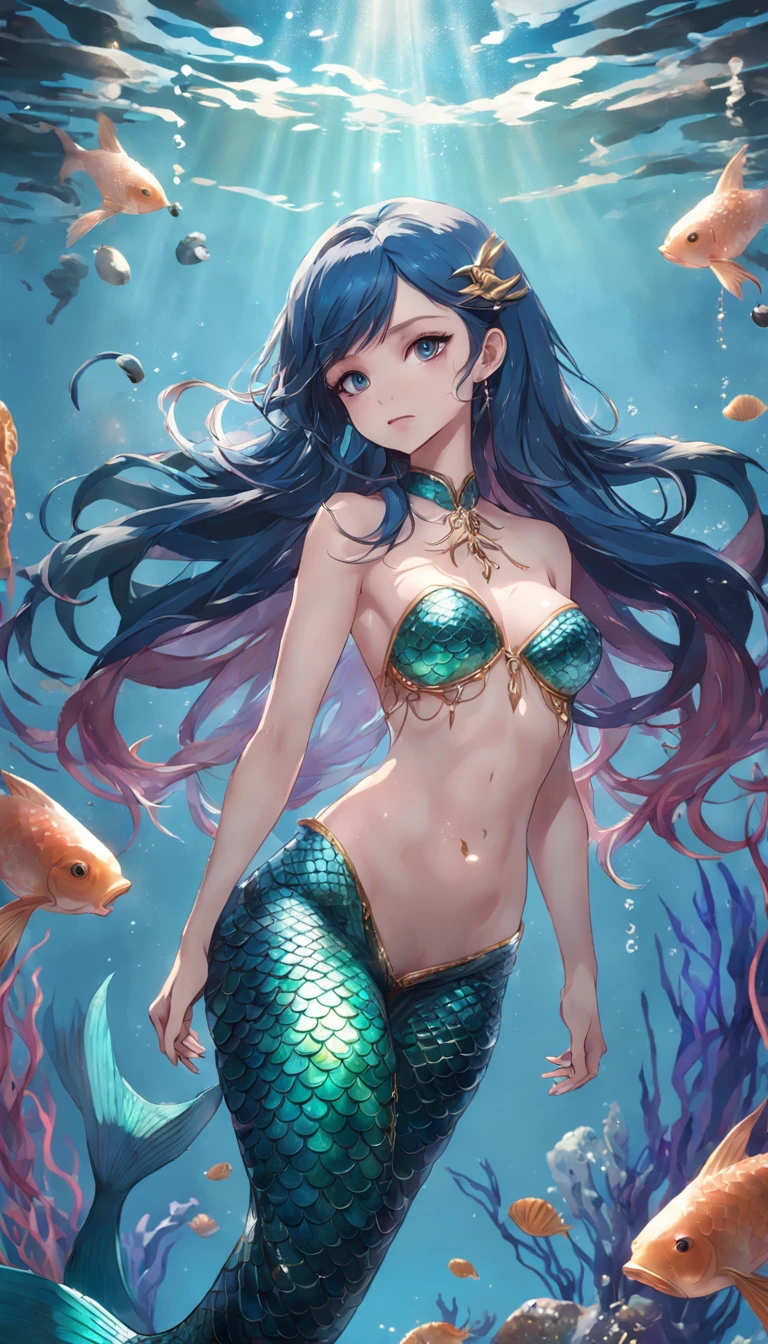 1 mermaid(slender fish tail、Full body standing painting)、独奏,Metal waist chain,Shell decoration,high detal,cinematic colorgrade,超高分辨率,Sharp focus,tmasterpiece,hdr,8K,(The is very detailed的 CG unified 8k 壁纸)