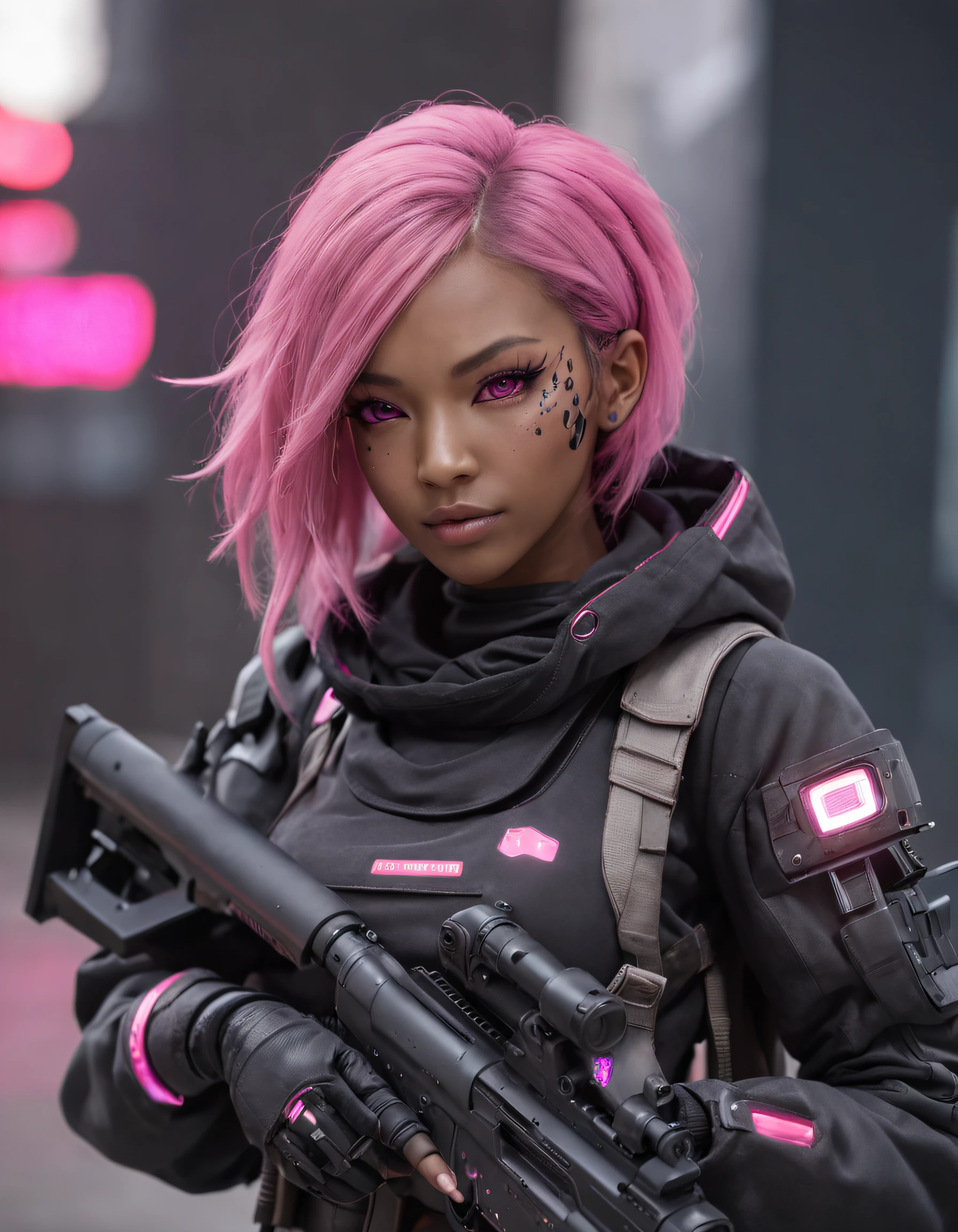 REALISTIC ANIME STYLE, JAPANESE ANIME, REAL ANIME, RAGE UNLEASHED, CRAZY SMILE, HAPPY, INSANE, afro asian cute woman cyborg soldier HEAVY CYBERNETIC ARMOR, NEON PINK SNIPER RIFFLE, SNIPER RIFLE glowing PINK eyes,BIG COOL CYBERNETIC HOODIE JACKET WITH NEON LIGHTS, cybernetic, cyberpunk SNIPER, on planet venus, wasteland, apocalypse, barren venus planet, cinematic, volume lighting, PURPLE SMOKE EXPLOSION