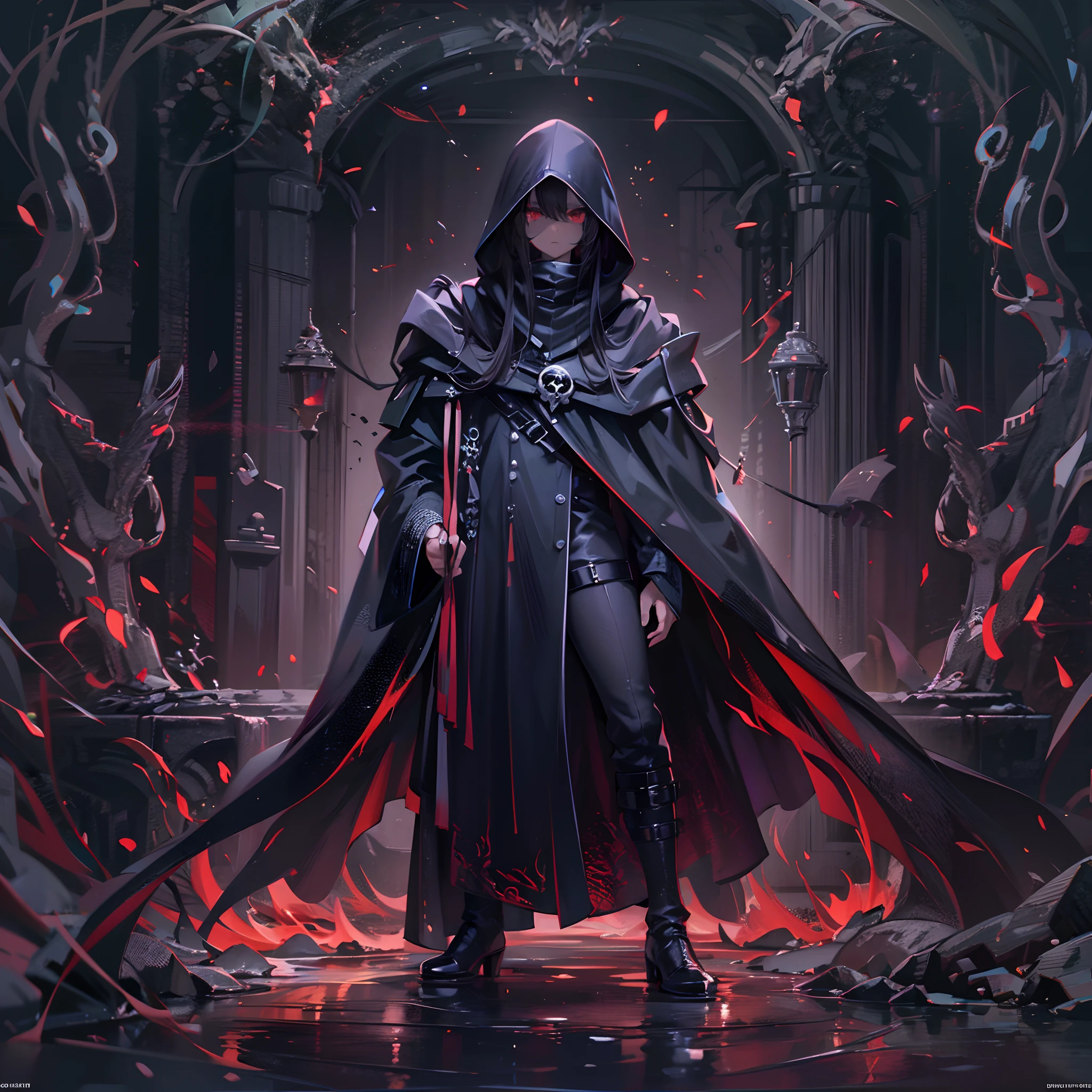 ((top-quality)), ((masterpiece)), ((ultra-detailliert)),(8k wallpaper:1.2),(Ultra-high resolution:1.2),(masterpiece:1.1),wallpaper,High quality,masterpiece,(High detail),1man, wearing a dark black hooded cloak, wearing a skull mask,red eyes, exploring a dungeon,party of adventures,dark realistic lighting,close up shot, cinematic, epic, highest quality digital art, highest resolution, absolutely stunning art, extremely detailed, HD quality, wallpaper 8k