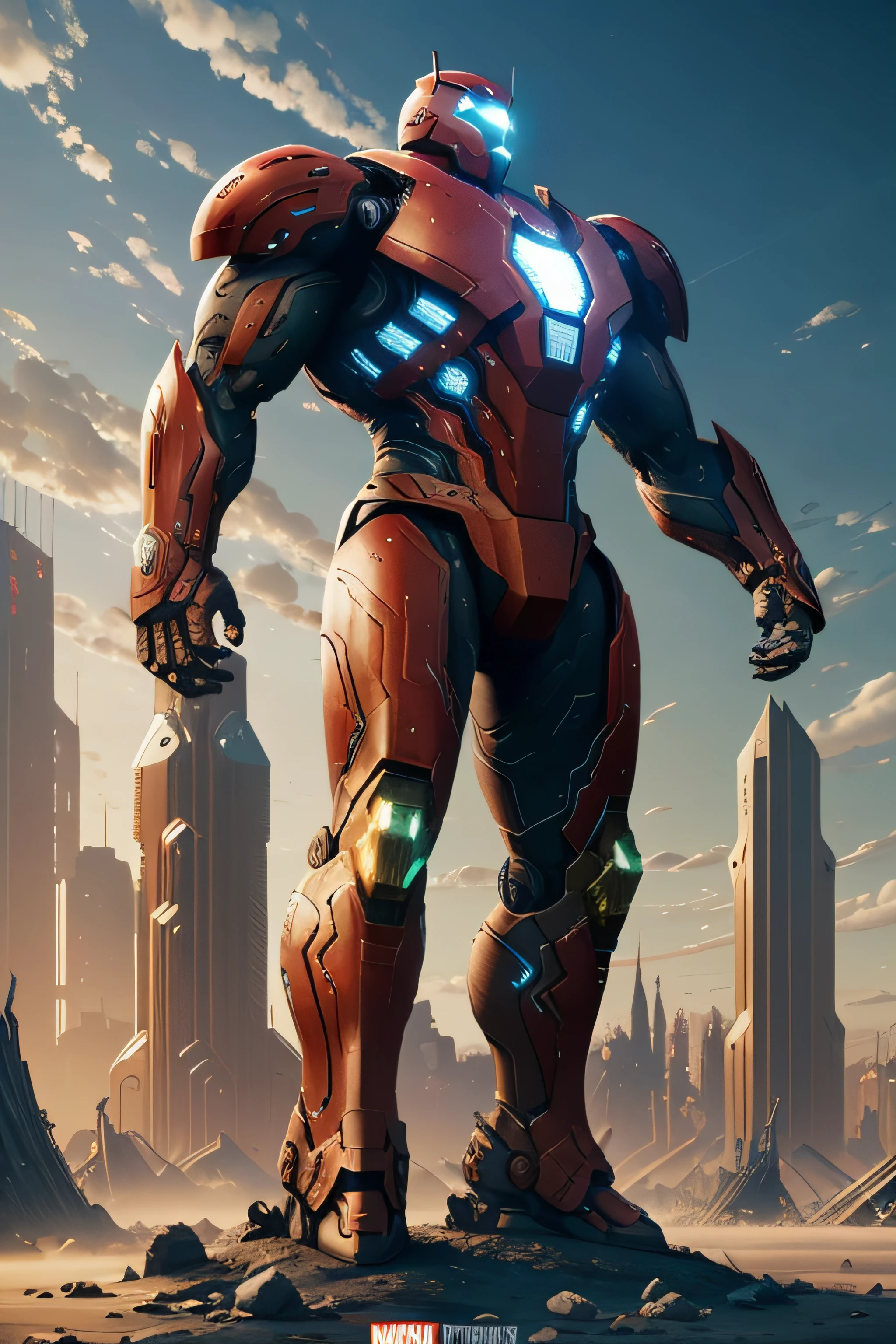 Very giant Android as Marvel's war machine, em vista de corpo inteiro nas cores vermelho e prata, em uma cidade futurista, Hyperealista, 8k, design complexo e real