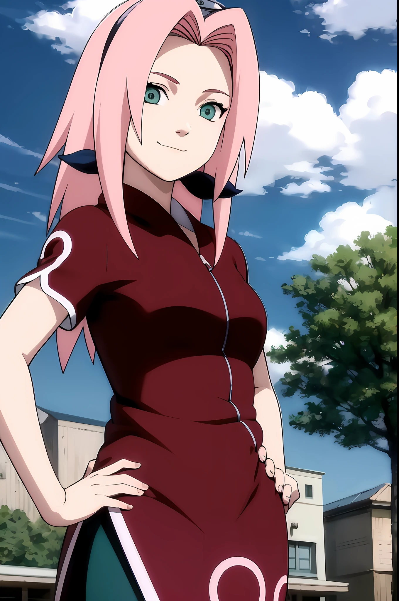 masterpiece, best quality, 1girl,haruno sakura, pink hair, long hair, green eyes, forehead protector, smile, hands on hips, blue sky, cloud, hidden village