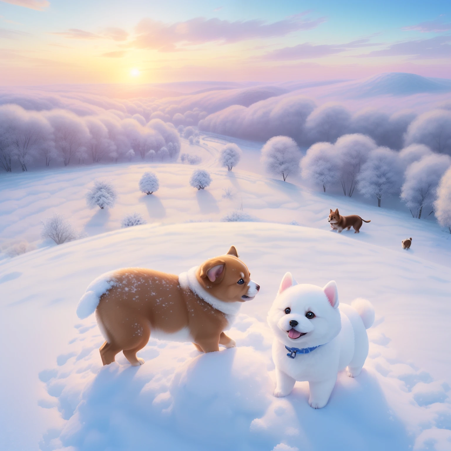(A hyper-realistic)、(illustratio)、(hight resolution)、(8k picture)、(ighly detailed、(pup)、(Bean chai)、(1animal)、Drive through the snowy fields、Dawn background、Soft lighting from the top right、roundly eyes、blue-sky、reallistic、Fluffy fur、(sprint)