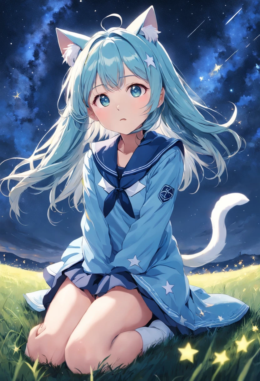 starry night sky,Cat-eared girl in light blue sailor suit lying on grass,There are several shooting stars in the sky,high qulity,Rigorous drawing