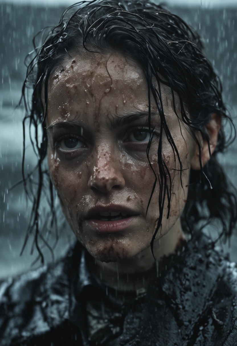 (European Horror: 1.5), (Attractive: 1.5), Cinematic Shots, Dark Haired Woman - One Person, Angry Eyes, Messy Hair, Pale Skin, (Rain: 1.4), (Desolation: 1.3), (Wet Wet Woman :1.8), Coarse Grain, (Melted Face 1.5), (Decomposed Skin: 1.1), Dark, Dark (Film Grain: 1.3, 8K, Award Winning, Best Quality), High Definition, Super Detail, High Detail, from correct descriptive comment, nffsw, (eg: 1.3)