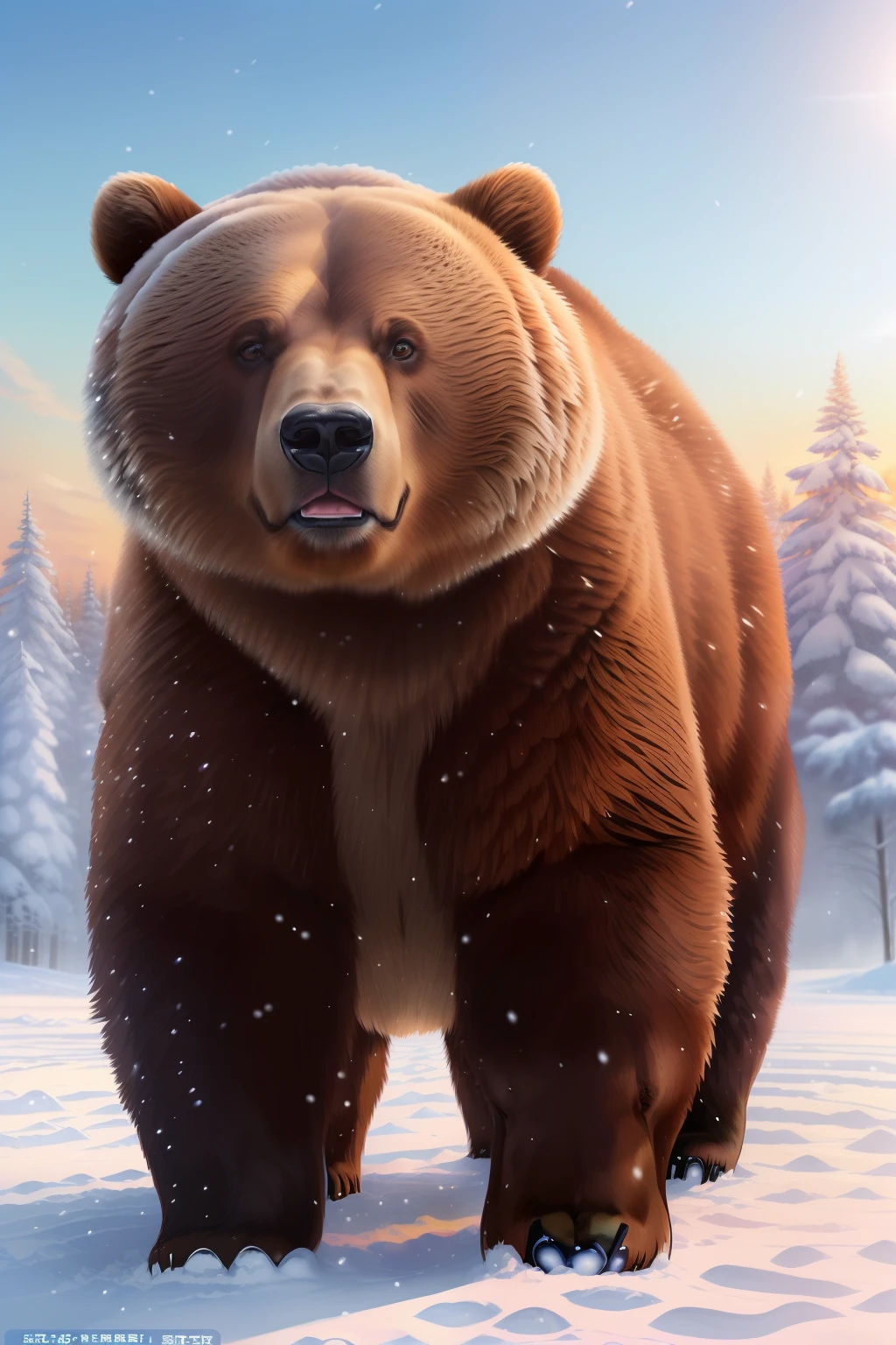 (A hyper-realistic)、(illustratio)、(hight resolution)、(8k picture)、(ighly detailed、（Subbear）、（brown bear）、（1animal）、Drive through the snowy fields、Dawn background、Soft lighting from the top right、roundly eyes、blue-sky、reallistic、Fluffy fur、(sprint)