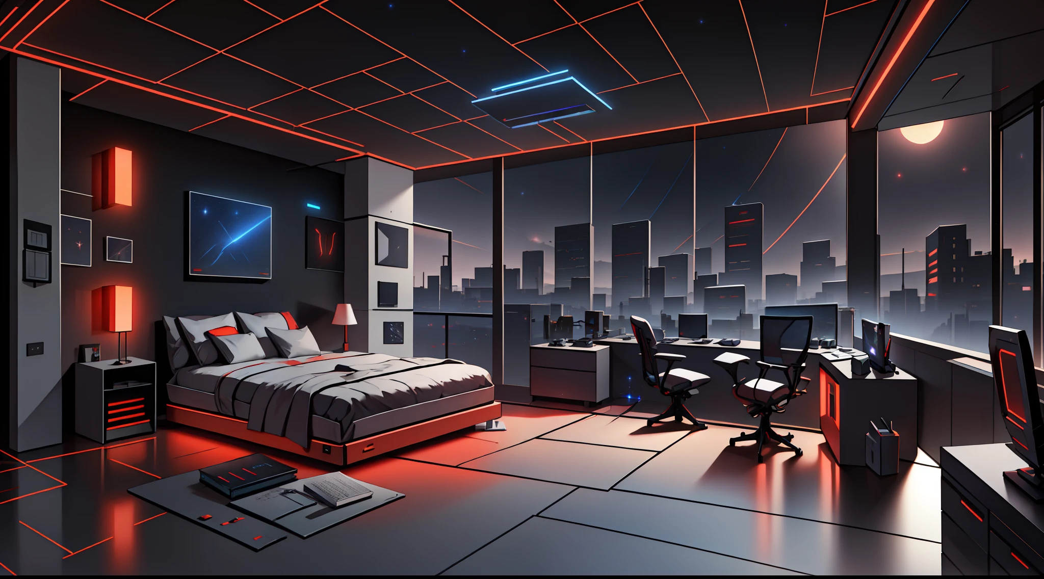 Warm Light Source Cyberpunk Calm Night Tech Bedroom Computer Desk Microphone Light Computer Water Dispenser Small Fluorescent Starry Sky Smooth Floor Red Fox Deconstructivism Fragmentation Gorgeous Sculptures Floor-to-ceiling windows Lightweight Bed Camera Chair Game Interface Crimson Dark Environment Ambilight