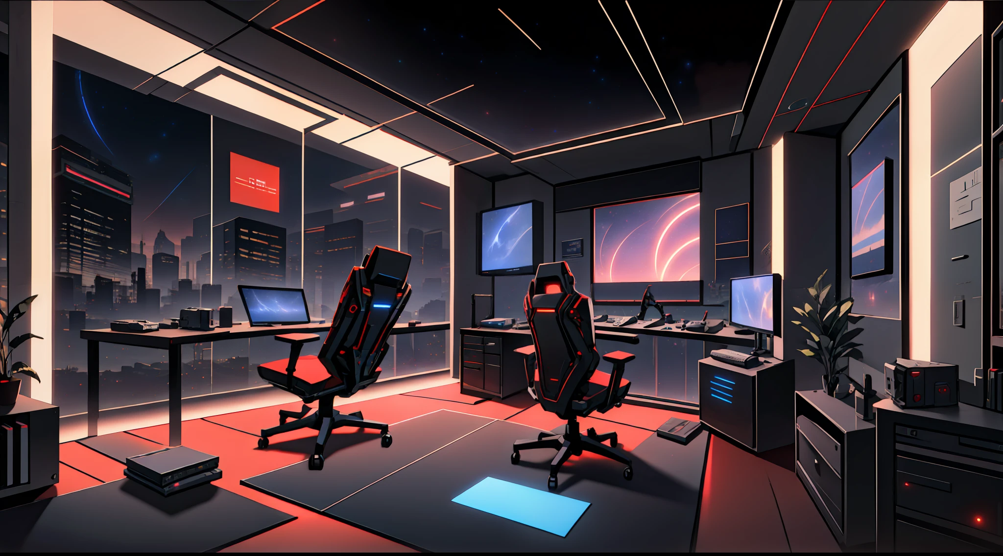 Warm Light Source Cyberpunk Calm Night Tech Bedroom Computer Desk Microphone Light Computer Water Dispenser Small Fluorescent Starry Sky Smooth Floor Red Fox Deconstructivism Fragmentation Gorgeous Sculptures Floor-to-ceiling windows Lightweight Bed Camera Chair Game Interface Crimson Dark Environment Ambilight