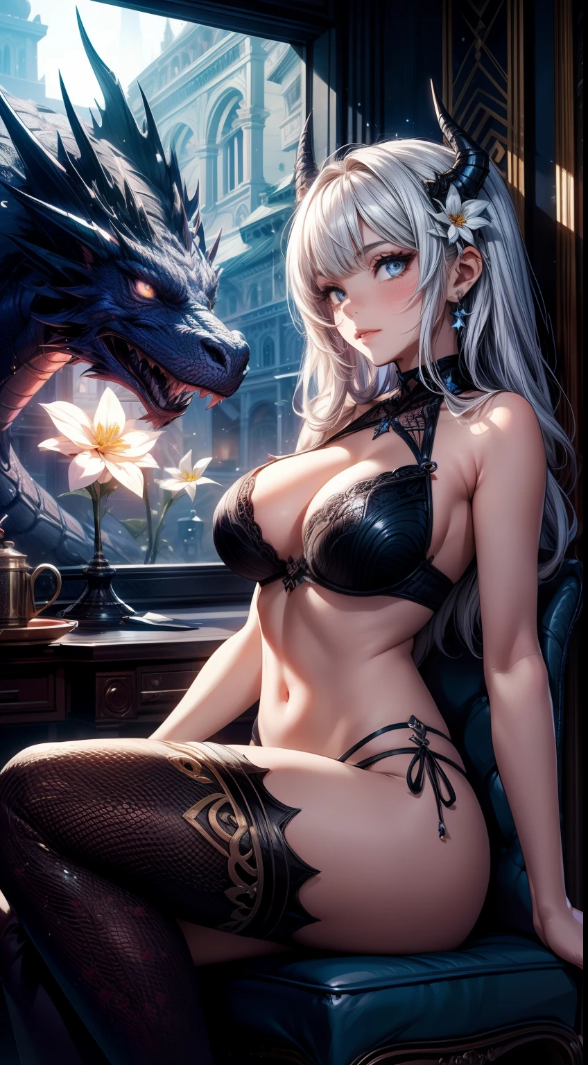 dragon and girl, gorgeous, masterpiece, best quality, highres,4k, wallpaper, trace lights,, intricate, detailed, BREAK magicle, particle, constelations, stardust, cosmos, ((flower)), cozy peace,peaceful,bra, sensual, horn