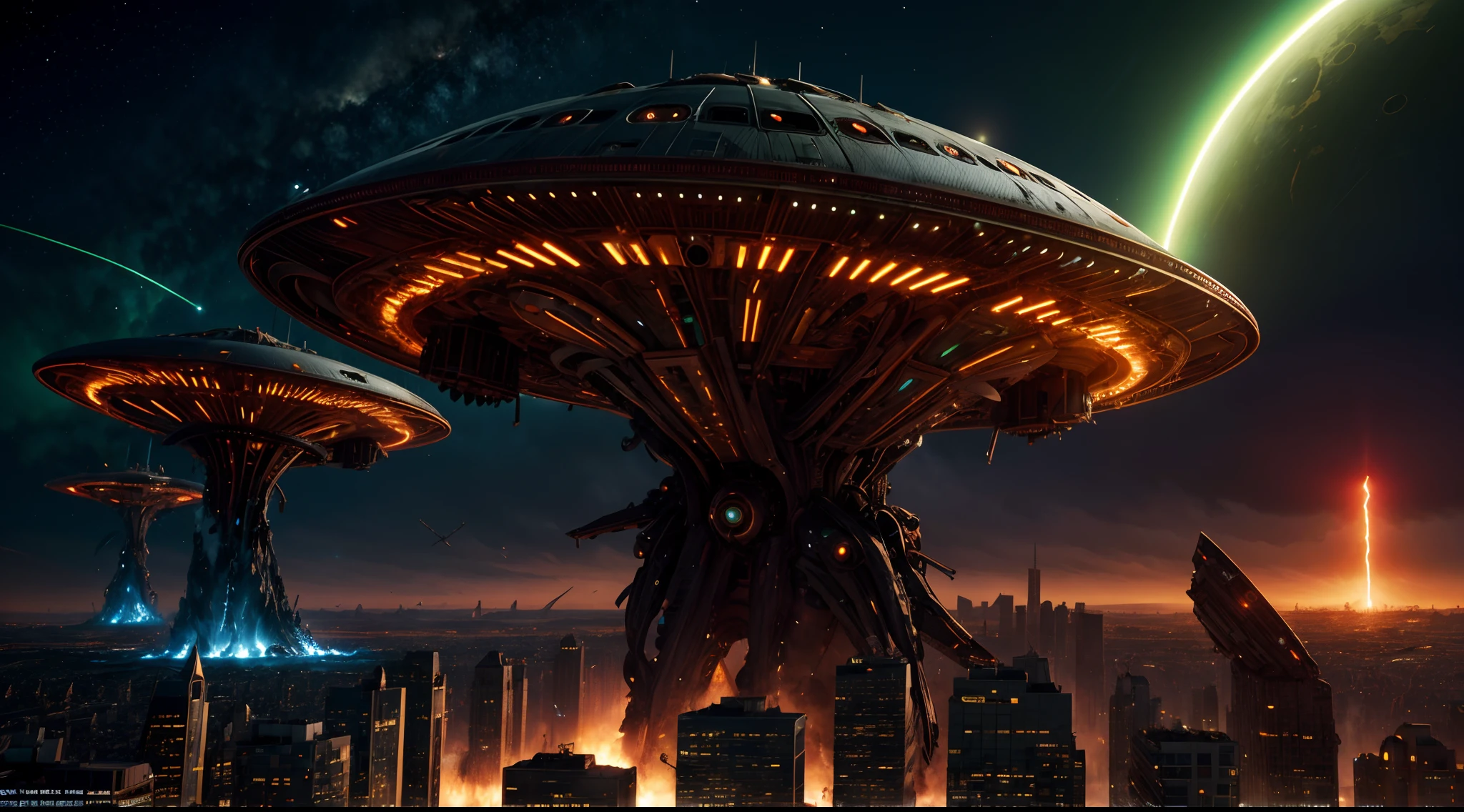 a dynamic digital illustration depicting a relentless alien invasion, where advanced spaceships swarm the skies with sinister intent. The cityscape below is ablaze with chaos as towering buildings crumble and panic sets in among the fleeing citizens. In the midst of this turmoil, A colossal extraterrestrial mothership hovers menacingly, casting an ominous green glow over the devastated landscape. The illustration captures the frantic energy of the invasion, using a blend of sci-fi realism and surrealism to evoke a sense of impending doom.