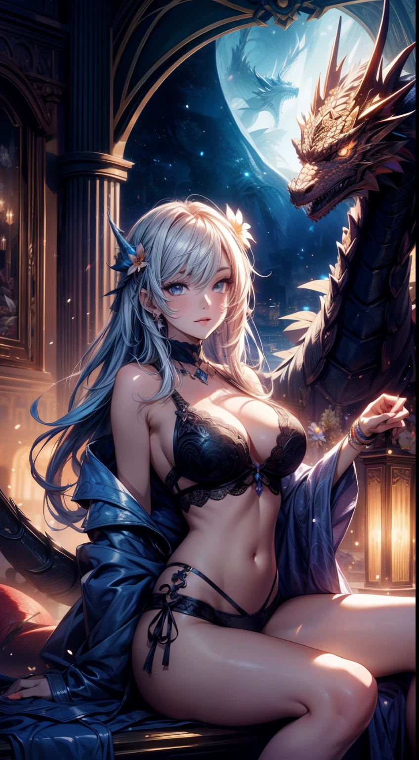 dragon and girl, gorgeous, masterpiece, best quality, highres,4k, wallpaper, trace lights,, intricate, detailed, BREAK magicle, particle, constelations, stardust, cosmos, ((flower)), cozy peace,peaceful,bra, sensual, horn