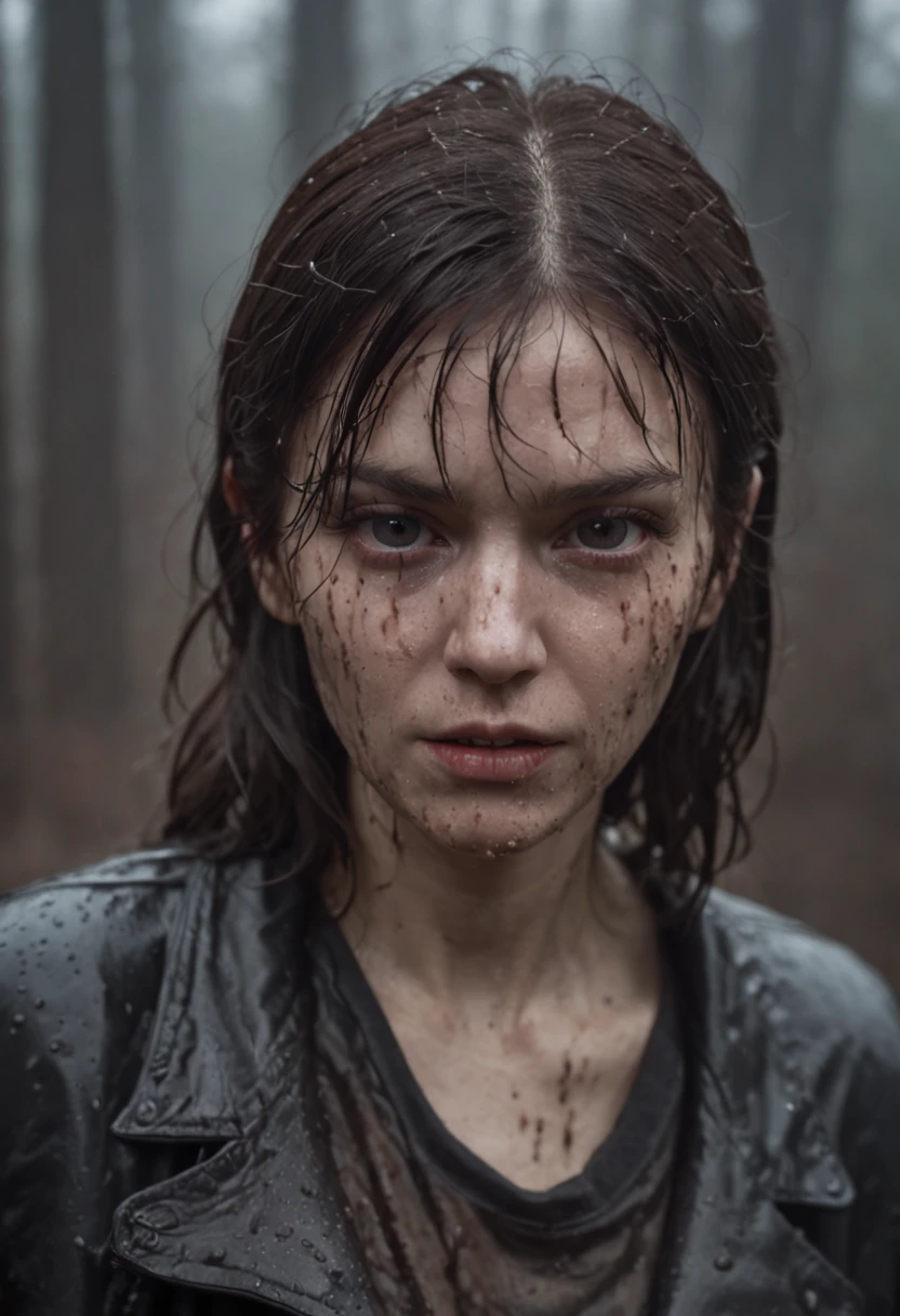 (European Horror: 1.5), (Attractive: 1.5), Cinematic Shots, Dark Haired Woman - One Person, Angry Eyes, Messy Hair, Pale Skin, (Rain: 1.4), (Desolation: 1.3), (Wet Wet Woman :1.8), Coarse Grain, (Melted Face 1.5), (Decomposed Skin: 1.1), Dark, Dark (Film Grain: 1.3, 8K, Award Winning, Best Quality), High Definition, Super Detail, High Detail, from correct descriptive comment, nffsw, (eg: 1.3)