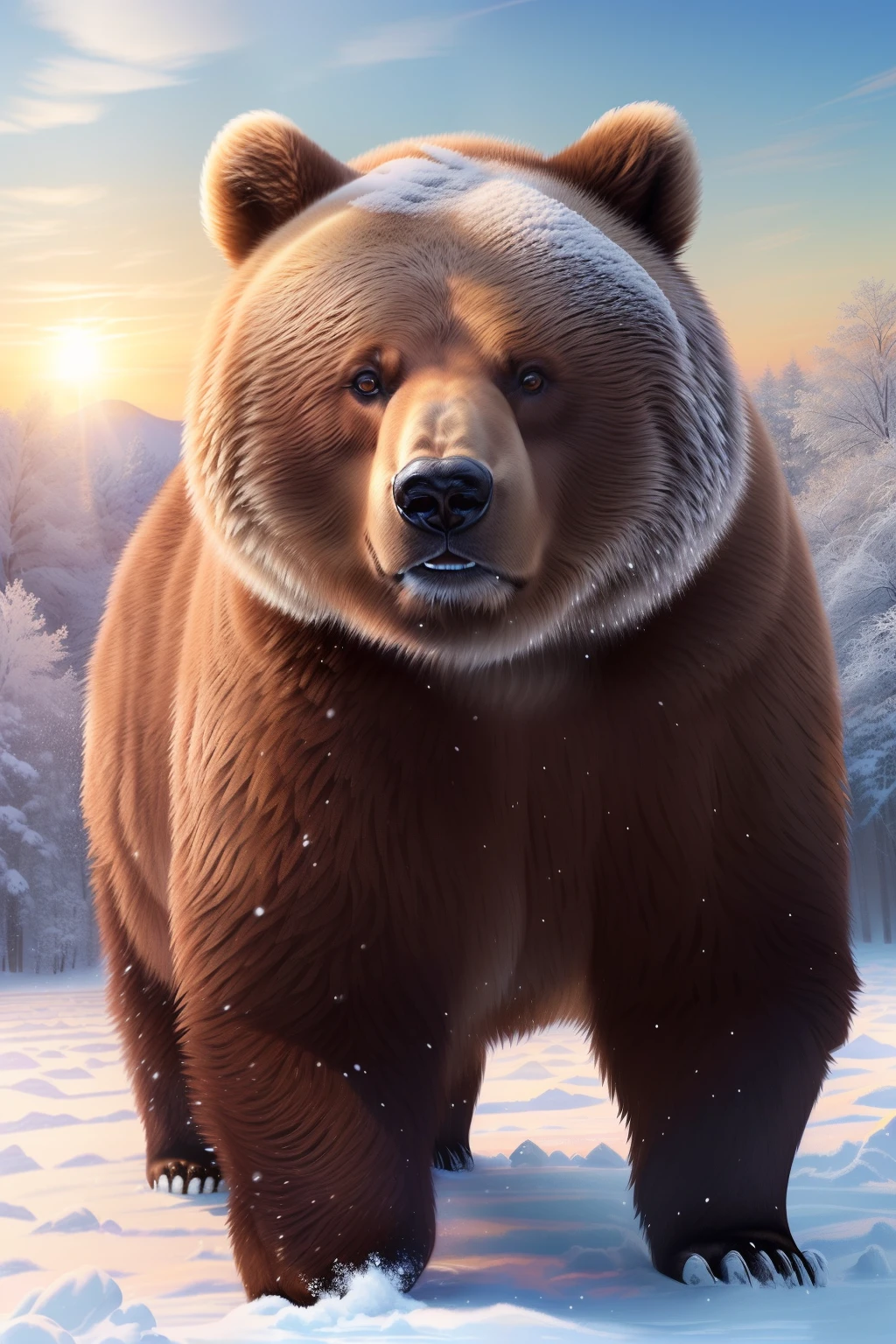 (A hyper-realistic)、(illustratio)、(hight resolution)、(8k picture)、(ighly detailed、（Subbear）、（brown bear）、（1animal）、Drive through the snowy fields、Dawn background、Soft lighting from the top right、roundly eyes、blue-sky、reallistic、Fluffy fur、(sprint)