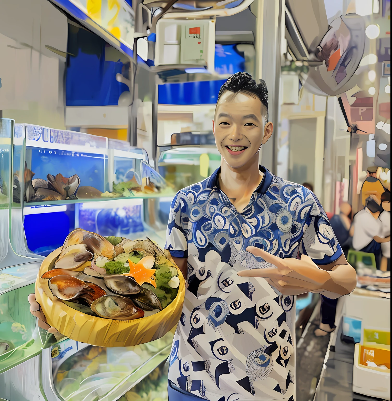 a happy man holding a plate of fresh seafood. Surrounded by a lively snack street. People rush to buy food, in the style of star art group xing xing, 32K , Good quality  Best, Masterpiece, Super Detail, High Detail,