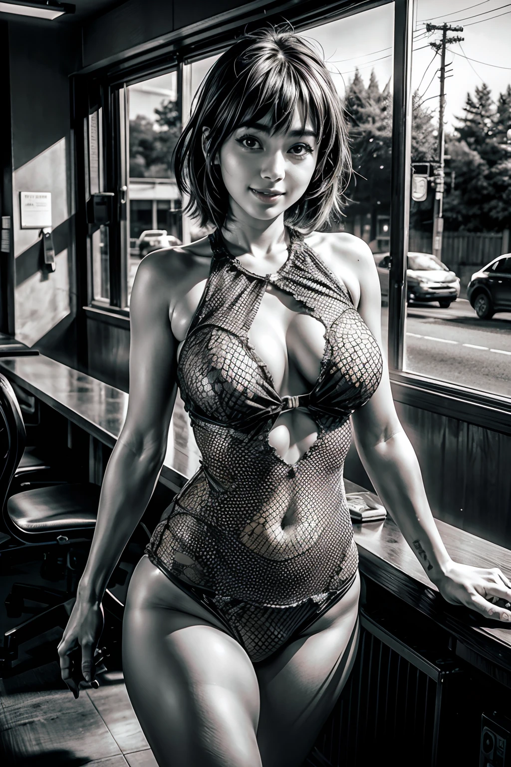 masterpiece, 1girl, solo, pov, ayase fuuka, sexy lingerie, front view, bust shot, walking, happy, spread legs, cowboy shot,, smile, greyscale, monochrome, halftone, drawing, manga, face focus, class room