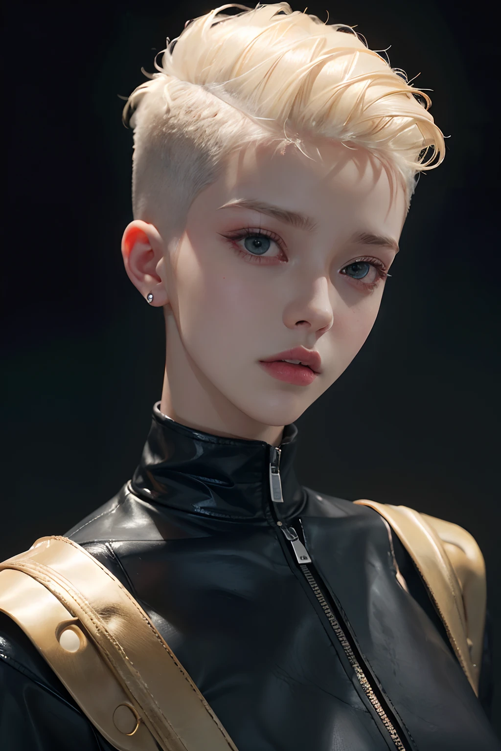 a 20 yo woman, blonde, (hi-top fade:1.3), dark theme, soothing tones, muted colors, high contrast, (natural skin texture, hyperrealism, soft light, sharp)