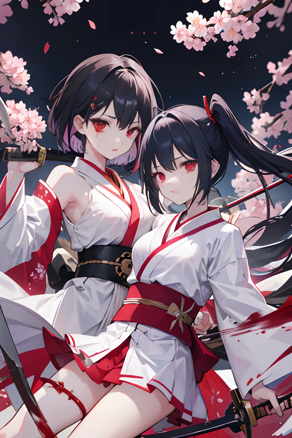 2girls、Weapons with blood on them、Dark Renditions、shrines、Great body、Great legs、White kimono black hair with blood on it、Sword、Holding a weapon with blood on it、Cherry blossoms are dancing、poneyTail、Ordinary girl、The actions of two people who fight、Bleeding in the face、8K