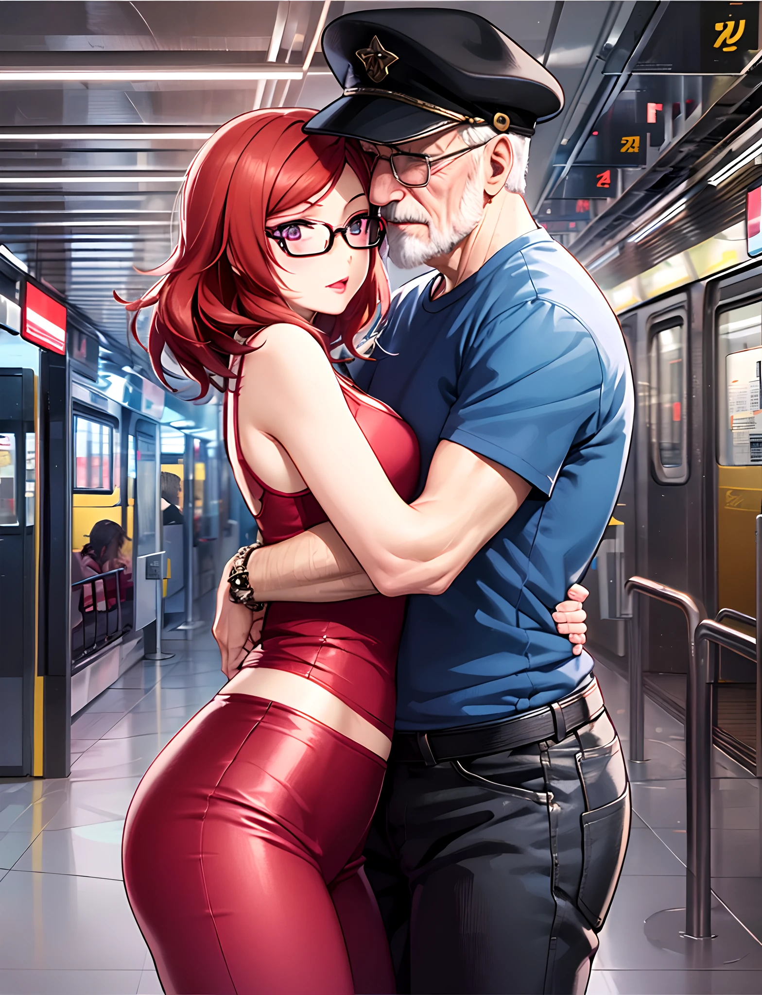 ((Girl Hug old man)),1man,1girl,hug,Nishikino maki, Purple eyes, red hair, lipstick,red tank top, tight pajamas pants,glasses, bracelet, realistic art, cowboy shot, sexy, on train station