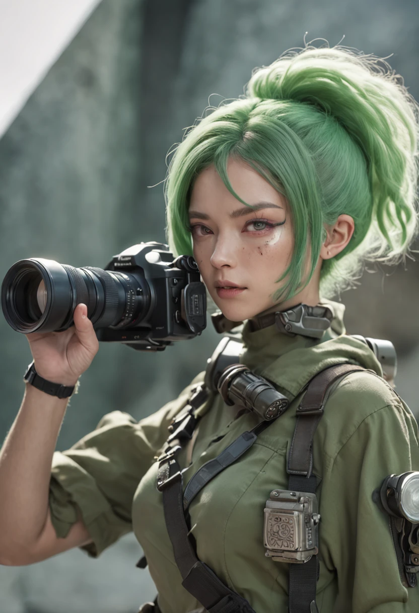 REALISTIC ANIME STYLE, JAPANESE ANIME, REAL ANIME, RAGE UNLEASHED, ANGRY, binoculars eyes, african american old man, white long beard cyborg soldier CAMERA LENSE HELM, ZOOM LENS GUN, GREEN HAMMER, GREEN CURLY SHORT HAIR, REFLECTIVE LENS EYES, heavy mecha armor, cybernetic, cyberpunk SPY, on planet venus, wasteland, apocalypse, barren venus planet, cinematic, volume lighting,