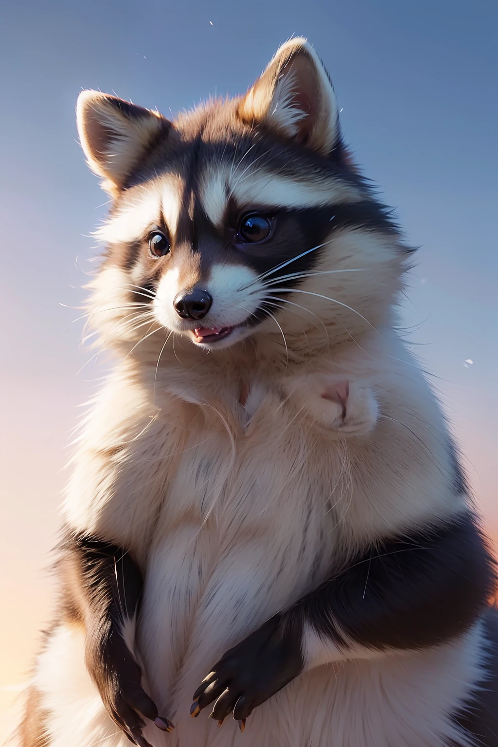 (A hyper-realistic)、(illustratio)、(hight resolution)、(8k picture)、(ighly detailed、(Little raccoon dog)、(Raccoon)、(1animal)、Drive through the snowy fields、Dawn background、Soft lighting from the top right、roundly eyes、blue-sky、reallistic、fluffy fur、(Sprint)、run、raccoon dog