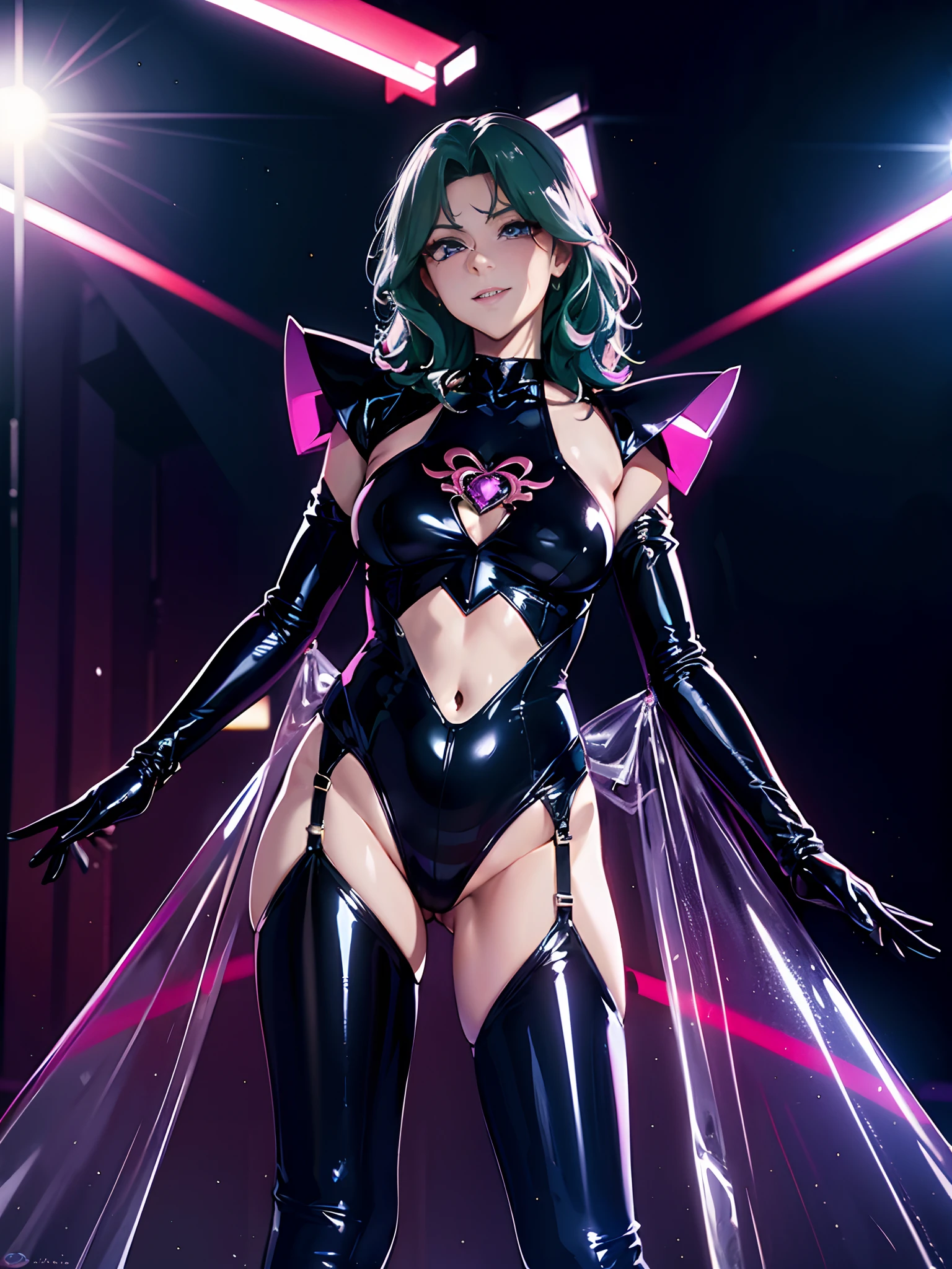 Sailor Neptune of the Fall。female solo. Brainwashed eyes。Evil costume. nefarious smirk。Latex Costume. Full Body Stockings. Futuristic machine background.