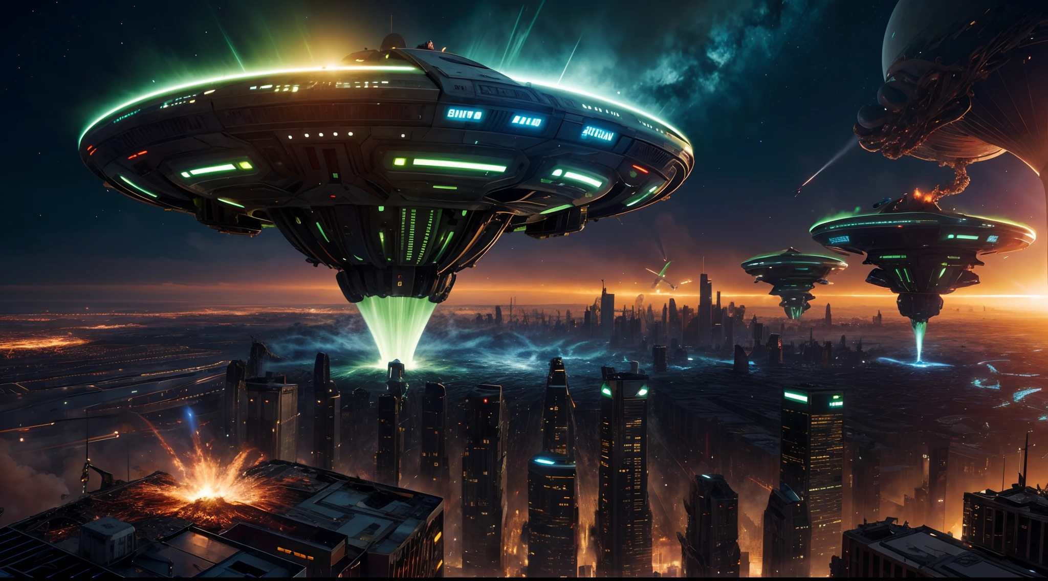 a dynamic digital illustration depicting a relentless alien invasion, where advanced spaceships swarm the skies with sinister intent. The cityscape below is ablaze with chaos as towering buildings crumble and panic sets in among the fleeing citizens. In the midst of this turmoil, A colossal extraterrestrial mothership hovers menacingly, casting an ominous green glow over the devastated landscape. The illustration captures the frantic energy of the invasion, using a blend of sci-fi realism and surrealism to evoke a sense of impending doom.