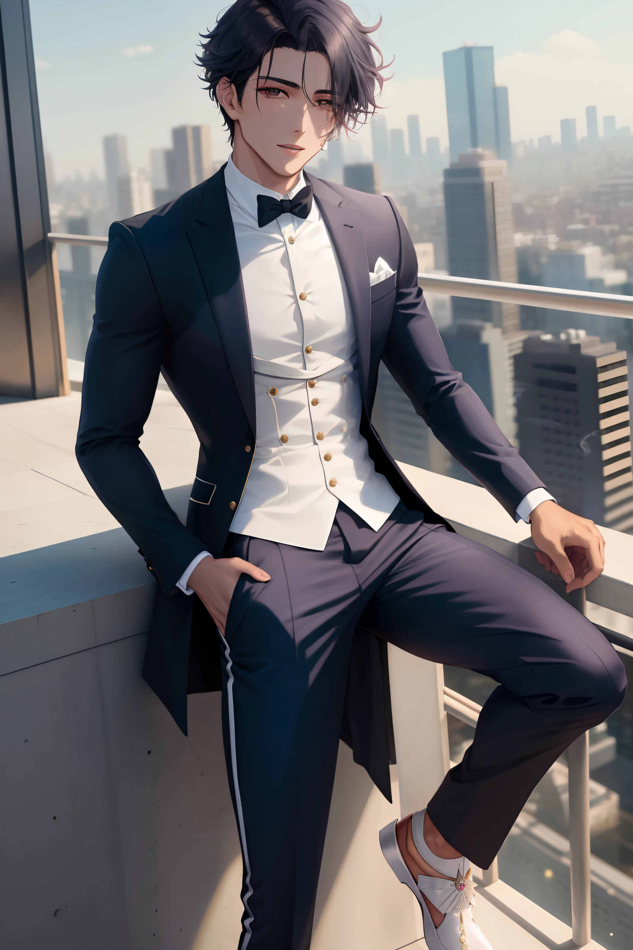 Black-haired male arafed in a suit and bow tie sitting on a ledge, terno dourado azul, terno elegante, vestindo um terno masculino elegante, traje formal, terno elegante, vestindo terno de moda, usando smoking, bonito e elegante, desgaste formal, usando um smoking, terno intrincado, vestidos com roupas caras, bem vestido, terno luxuoso, usando roupas formais de fantasia