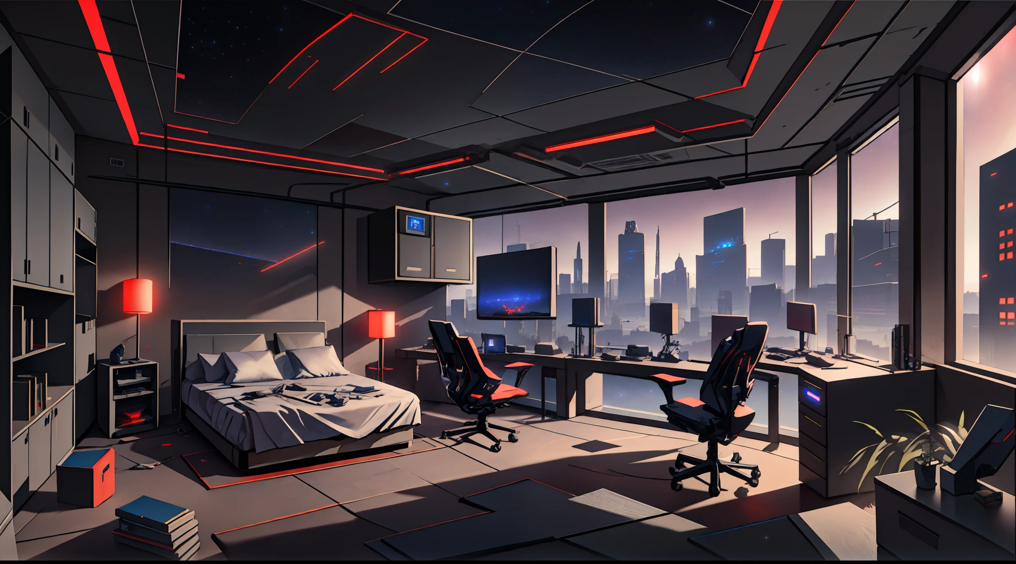 Warm Light Source Cyberpunk Calm Night Tech Bedroom Computer Desk Microphone Light Computer Water Dispenser Small Fluorescent Starry Sky Smooth Floor Red Fox Deconstructivism Fragmentation Gorgeous Sculptures Floor-to-ceiling windows Lightweight Bed Camera Chair Game Interface Crimson Dark Environment Ambilight