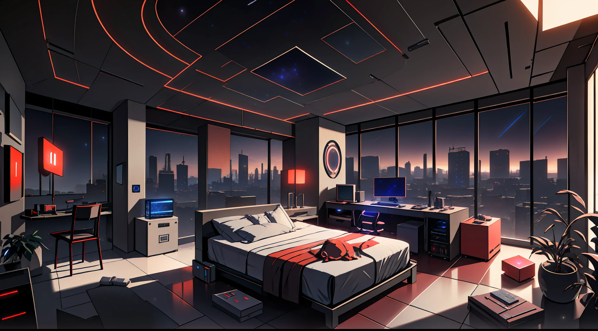 Warm Light Source Cyberpunk Calm Night Tech Bedroom Computer Desk Microphone Light Computer Water Dispenser Small Fluorescent Starry Sky Smooth Floor Red Fox Deconstructivism Fragmentation Gorgeous Sculptures Floor-to-ceiling windows Lightweight Bed Camera Chair Game Interface Crimson Dark Environment Ambilight