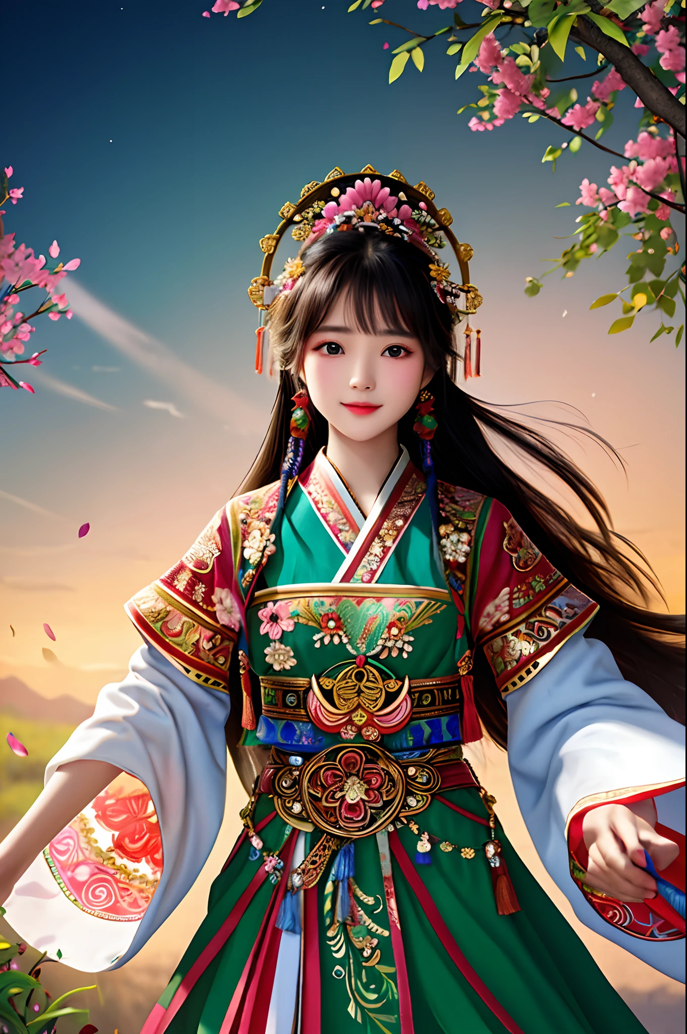 masterpiece, best quality,beautiful face,beautiful eyes,looking at viewer,The Hmong girl, adorned with intricate embroidery and colorful accessories, exudes grace and elegance as she carries a basket filled with vibrant flowers, symbolizing the harmony between humanity and the natural world.
