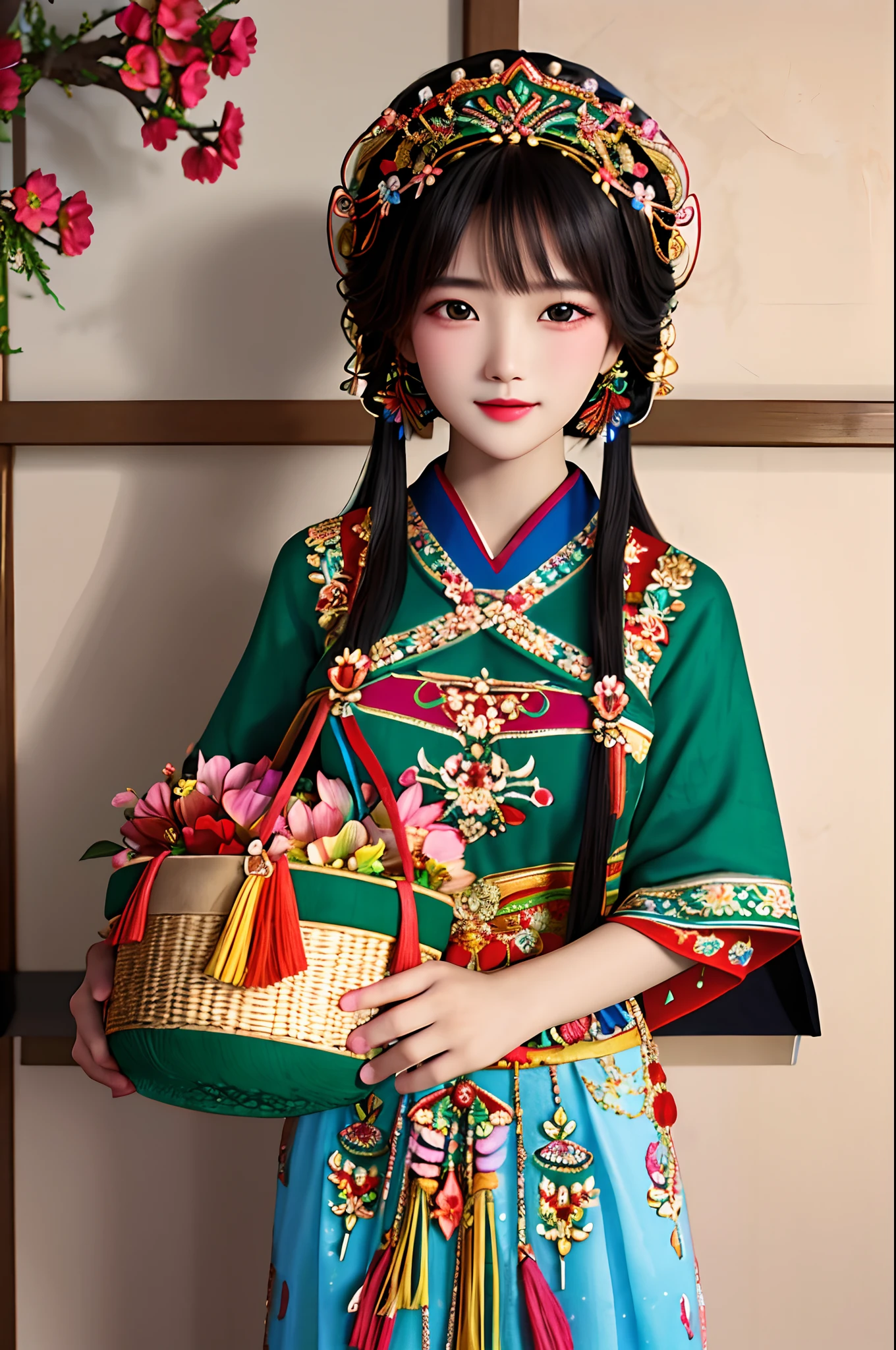masterpiece, best quality,beautiful face,beautiful eyes,looking at viewer,The Hmong girl, adorned with intricate embroidery and colorful accessories, exudes grace and elegance as she carries a basket filled with vibrant flowers, symbolizing the harmony between humanity and the natural world.