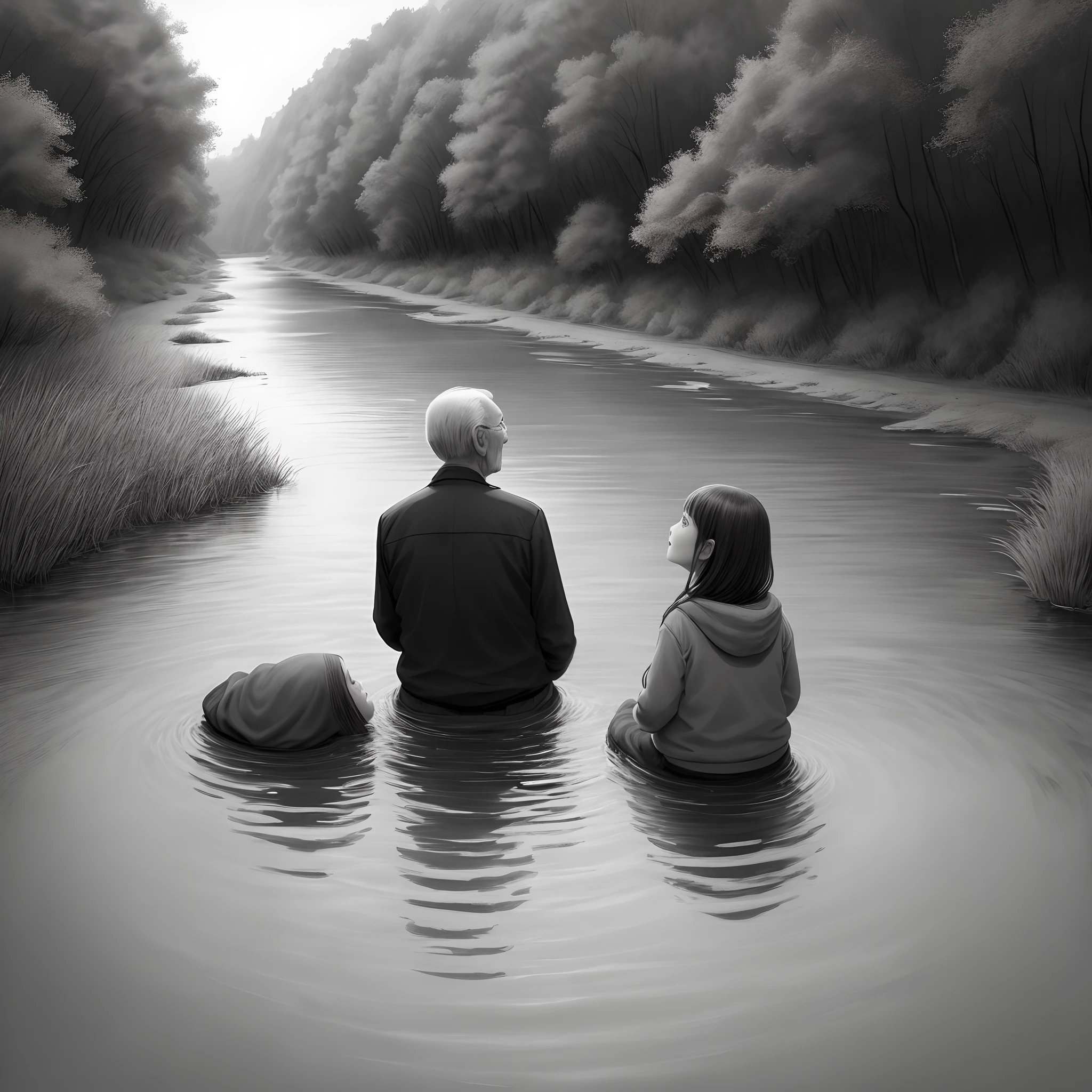 Grandfather and granddaughter talking by a river. Black and white illustration, ultra realistic