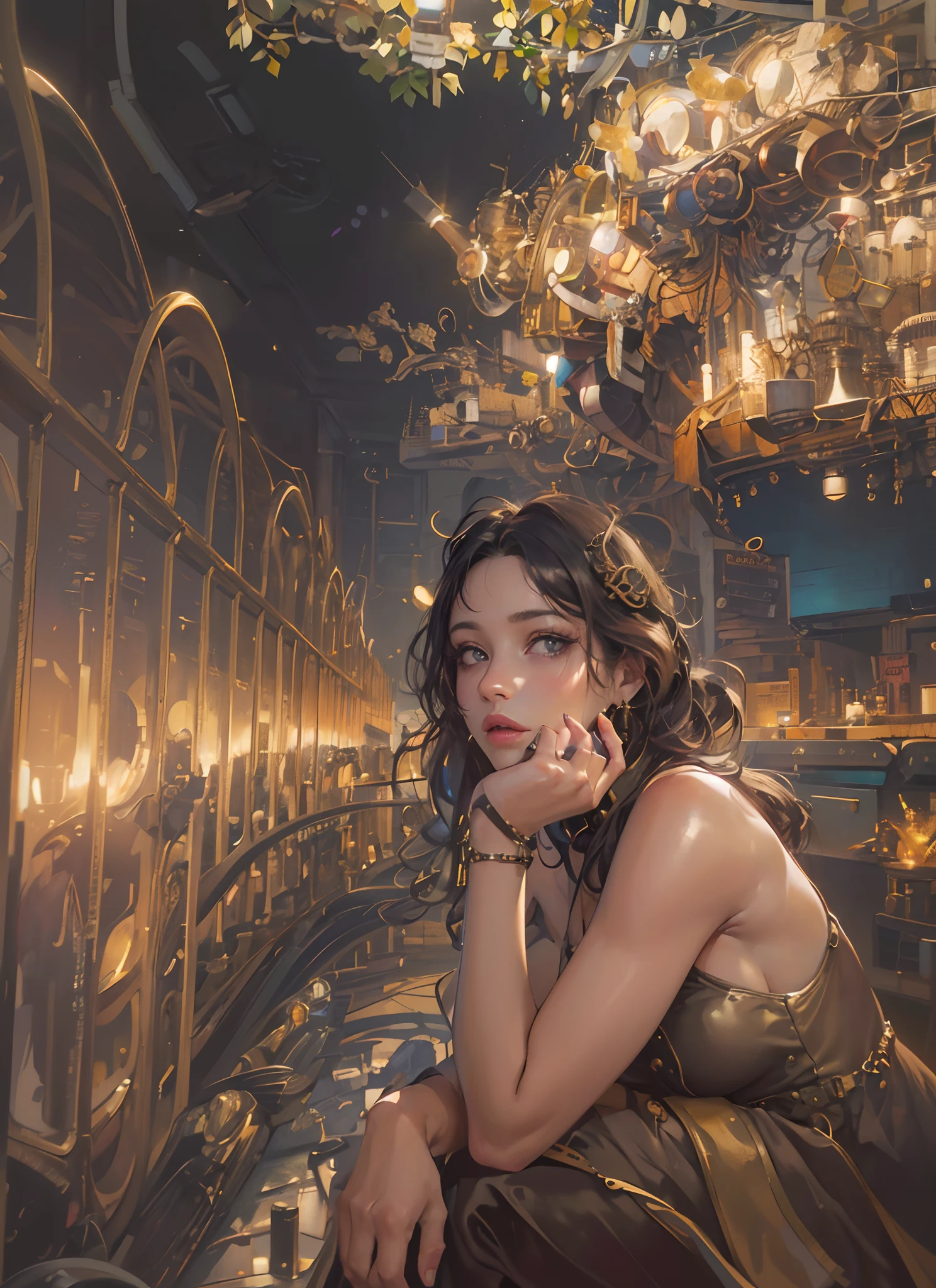 (1girl:1.3), looking at viewer, (steampunk suggestive clothes, Maven, Average Height, Toned, Round Face, Olive Skin, Brunette Hair, Blue Eyes, Wide Nose, Full Lips, Receding Chin, Long Hair, Straight Hair, Wavy Updo, soft sagging breasts, Threader earrings, golden, matte lipstick,steampunk metropolis),(masterpiece, best quality, detailed shiny skin:1.2), flawless, 8k, RAW, highres,absurdres,