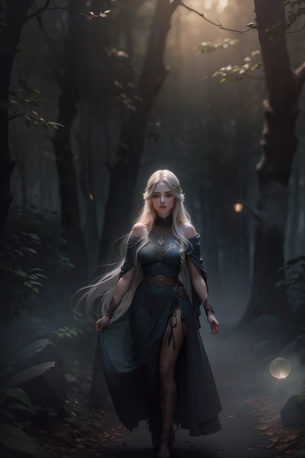 Mulher misteriosa celta, caminha apressada pelo bosque, alta e esguia, capa com capuz, with Celtic knot jewelry, Poster design, 300 DPI, soft-lighting, ethereal art, misteriosa, Pouca neblina, serene expression, atmosfera encantadora, foto, 8k, dynamic action, nostalgic dreamer, foco suave, vinhetas escuras, vazamentos de luz, medium shot photograph, Ethereal dark artistic painting, Cabelos longos e castranhos.