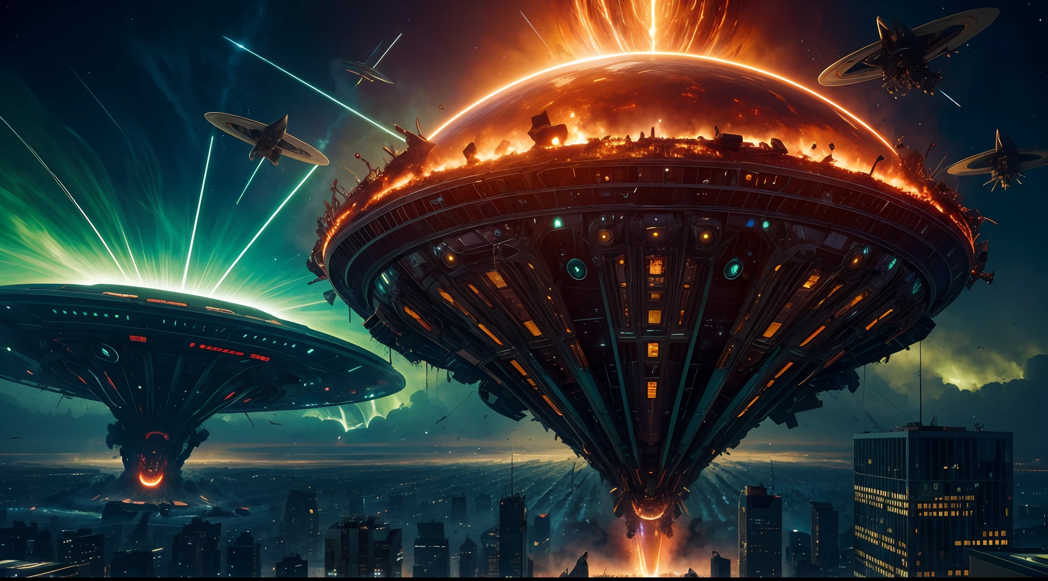 a dynamic digital illustration depicting a relentless alien invasion, where advanced spaceships swarm the skies with sinister intent. The cityscape below is ablaze with chaos as towering buildings crumble and panic sets in among the fleeing citizens. In the midst of this turmoil, A colossal extraterrestrial mothership hovers menacingly, casting an ominous green glow over the devastated landscape. The illustration captures the frantic energy of the invasion, using a blend of sci-fi realism and surrealism to evoke a sense of impending doom.