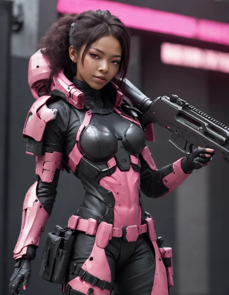 REALISTIC ANIME STYLE, JAPANESE ANIME, REAL ANIME, RAGE UNLEASHED, CRAZY SMILE, HAPPY, INSANE, afro asian cute woman cyborg soldier HEAVY CYBERNETIC ARMOR, NEON PINK SNIPER RIFFLE, SNIPER RIFLE glowing PINK eyes, BIG COOL CYBERNETIC HOODIE JACKET WITH cyber armor, cybernetic, cyberpunk SNIPER, on planet venus, wasteland, apocalypse, barren venus planet, cinematic, volume lighting,