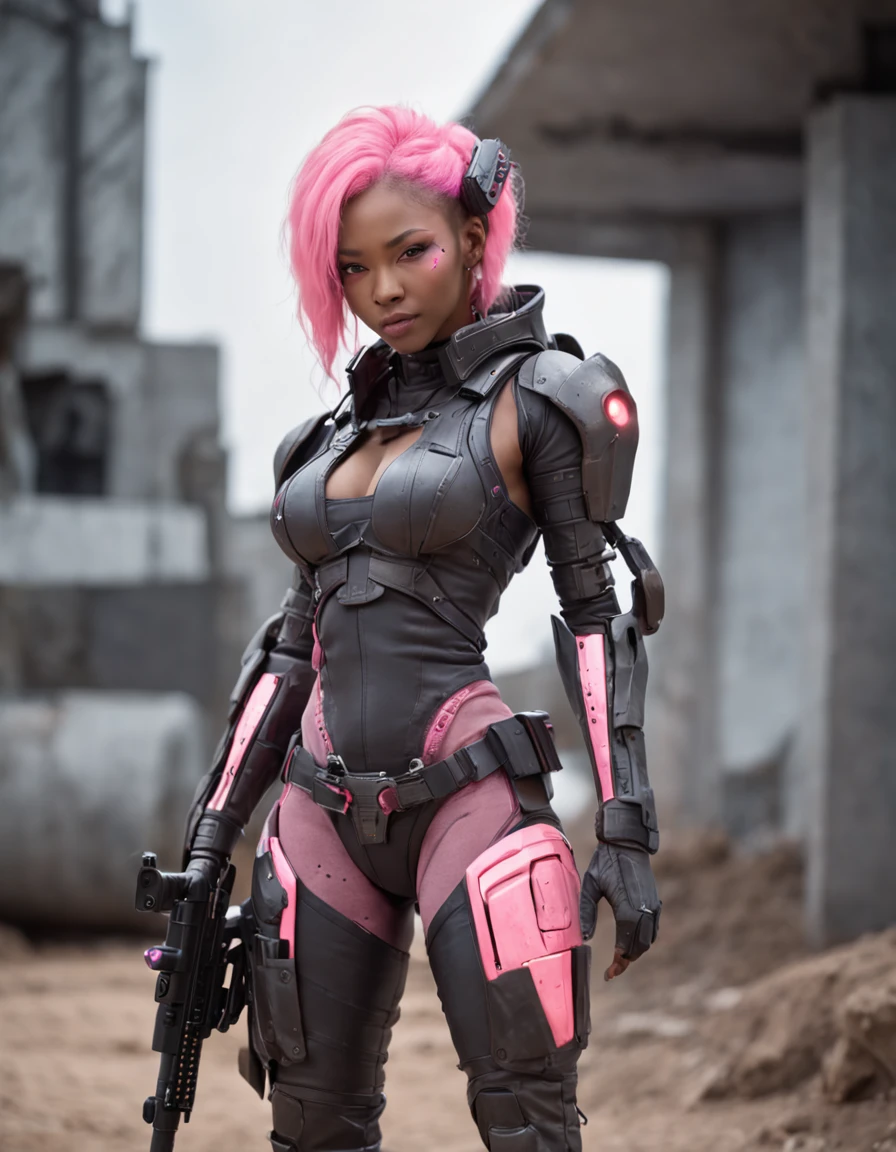 REALISTIC ANIME STYLE, JAPANESE ANIME, REAL ANIME, RAGE UNLEASHED, CRAZY SMILE, HAPPY, INSANE, afro asian cute woman cyborg soldier HEAVY CYBERNETIC ARMOR, NEON PINK SNIPER RIFFLE, SNIPER RIFLE glowing PINK eyes, BIG COOL CYBERNETIC HOODIE JACKET WITH cyber armor, cybernetic, cyberpunk SNIPER, on planet venus, wasteland, apocalypse, barren venus planet, cinematic, volume lighting,