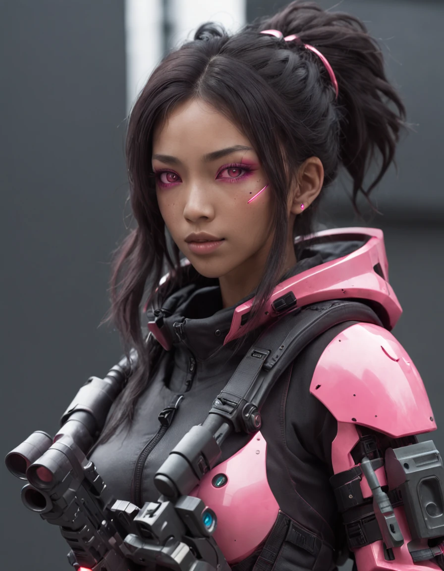 REALISTIC ANIME STYLE, JAPANESE ANIME, REAL ANIME, RAGE UNLEASHED, CRAZY SMILE, HAPPY, INSANE, afro asian cute woman cyborg soldier HEAVY CYBERNETIC ARMOR, NEON PINK SNIPER RIFFLE, SNIPER RIFLE glowing PINK eyes, BIG COOL CYBERNETIC HOODIE JACKET WITH cyber armor, cybernetic, cyberpunk SNIPER, on planet venus, wasteland, apocalypse, barren venus planet, cinematic, volume lighting,