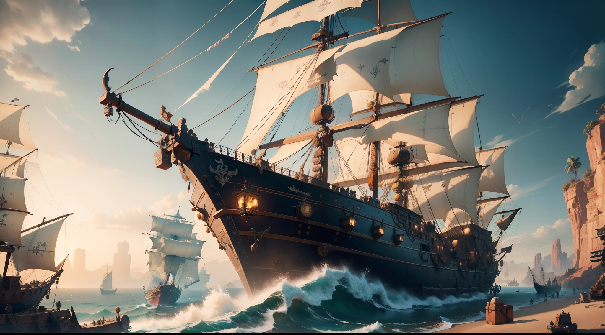 (masterpiece, best quality, highres, detailed, realistic:1.2), young woman, pirate, (gigantic breasts:1.5), (bursting breasts:1.2), detauled face, beautiful face, pale white skin, young, teenager, excited, (skinny:1.4), slim, (dangerous expression:1.3), skull and cross bones bikini, pirate ship, piles of treasure, crowth of enthusiastic, surprised, pirates
