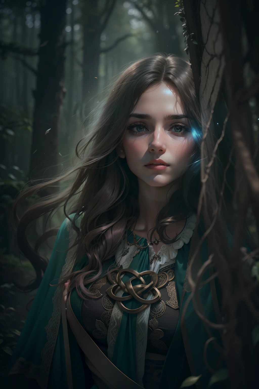 Mulher misteriosa celta, caminha apressada pelo bosque, alta e esguia, capa com capuz, with Celtic knot jewelry, Poster design, 300 DPI, soft-lighting, ethereal art, misteriosa, Pouca neblina, serene expression, atmosfera encantadora, foto, 8k, dynamic action, nostalgic dreamer, foco suave, vinhetas escuras, vazamentos de luz, medium shot photograph, Ethereal dark artistic painting, Cabelos longos e castranhos.