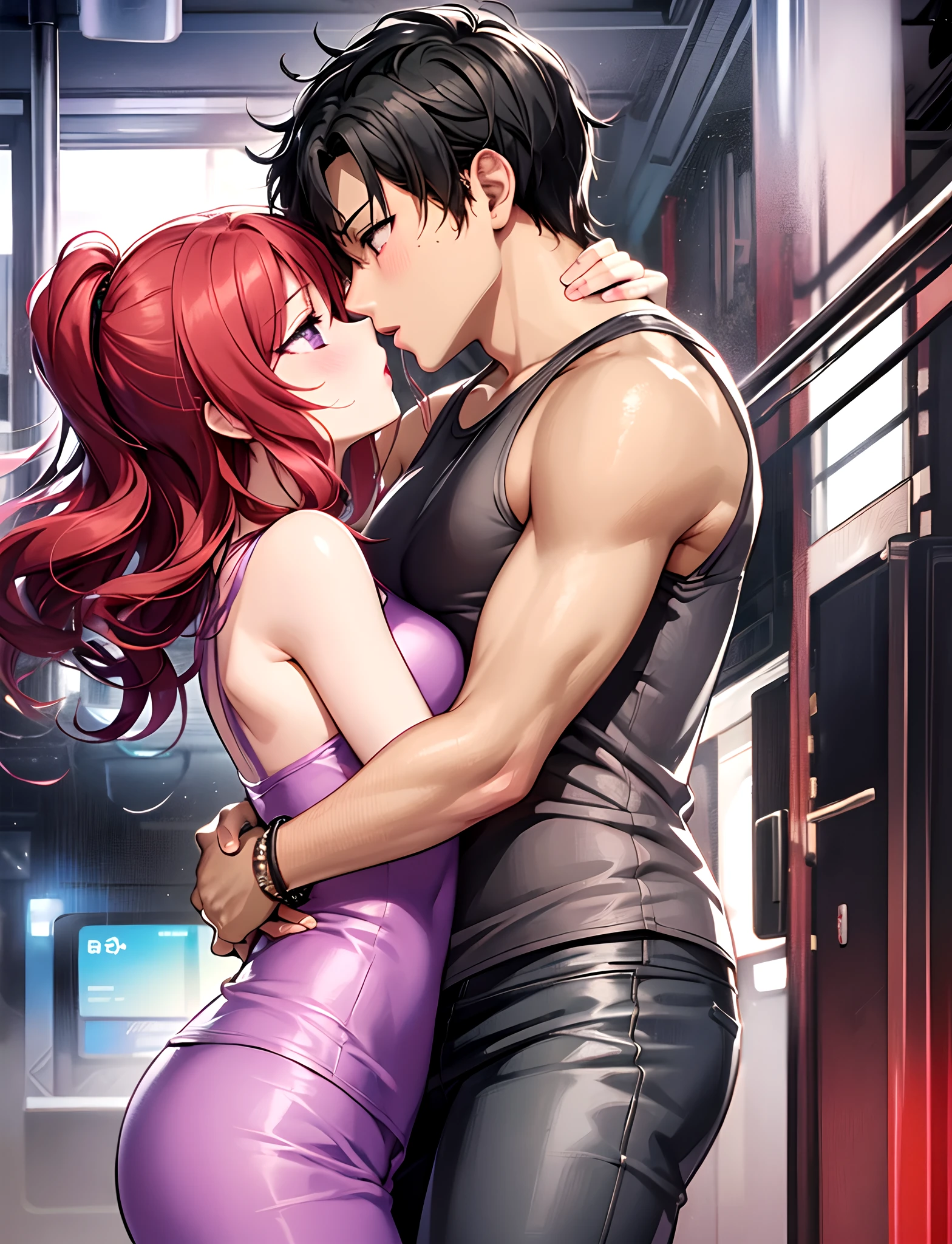 ((Girl Hug man)),1man,1girl,hug,kiss,Nishikino maki, Purple eyes, red hair, lipstick,red tank top, tight pajamas pants, bracelet, realistic art, cowboy shot, sexy, on train station