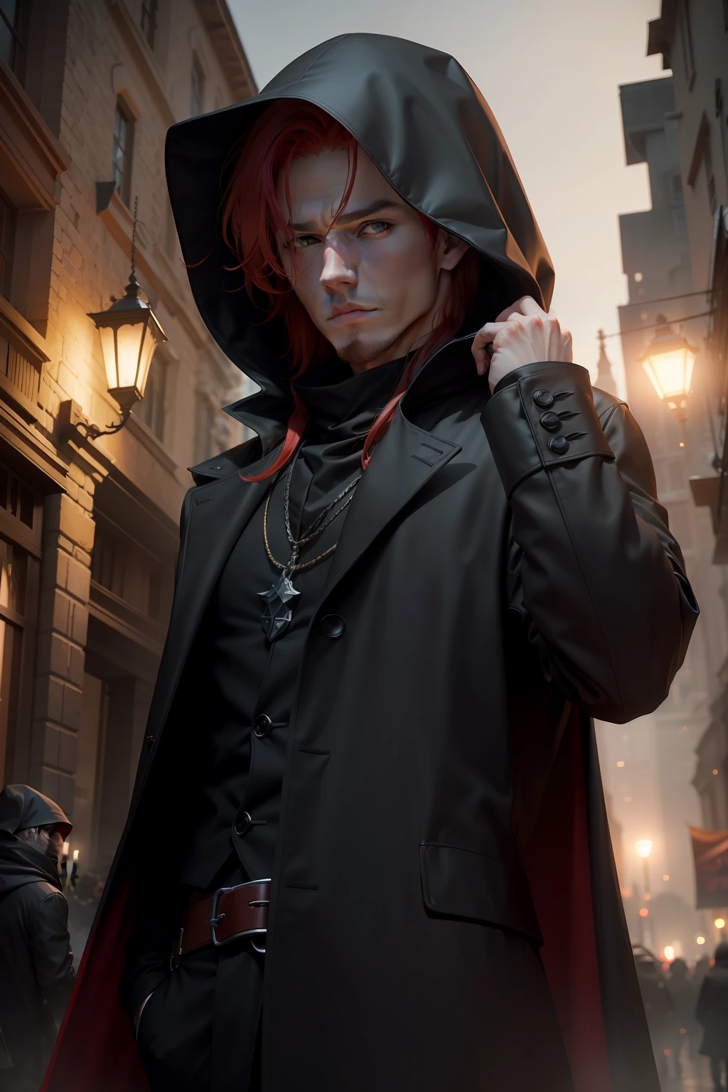 (RAW photo, 4k, masterpiece, high resolution, extremely complex) (realistic: 1.4), cinematic lighting, (((a male character))), Ground Focus, night, fog, medieval\(Style\), ( Best Quality), (Highres), (A black overcoat with a hood over his head),,(8k expressionless face),(Yellow Eyes),(ulzzang-6500:1.0),(solo),(red hair falling over his eyes ),(spectators),(without mask),lookside,(side),(mystery ambience),,((speed)),(reality),