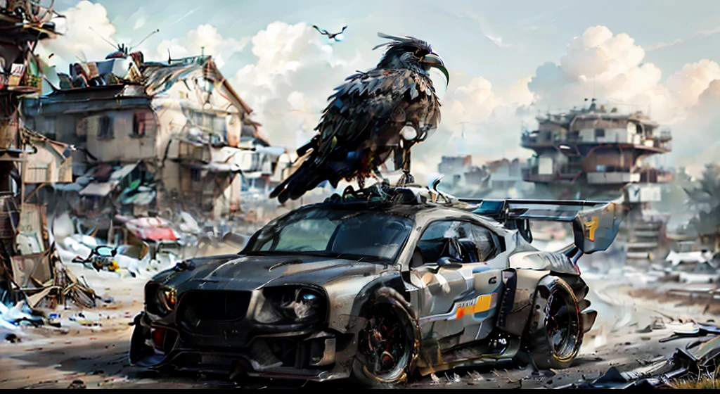 Nahaufnahme eines Vogels aus Metall, mechanischer Vogel, Roboter-Vogel, Consisting of many pieces of metal, Surrealistischer Vogel, Detailed hyper-realistic crow illustration, inspired by Simon Stålenhag